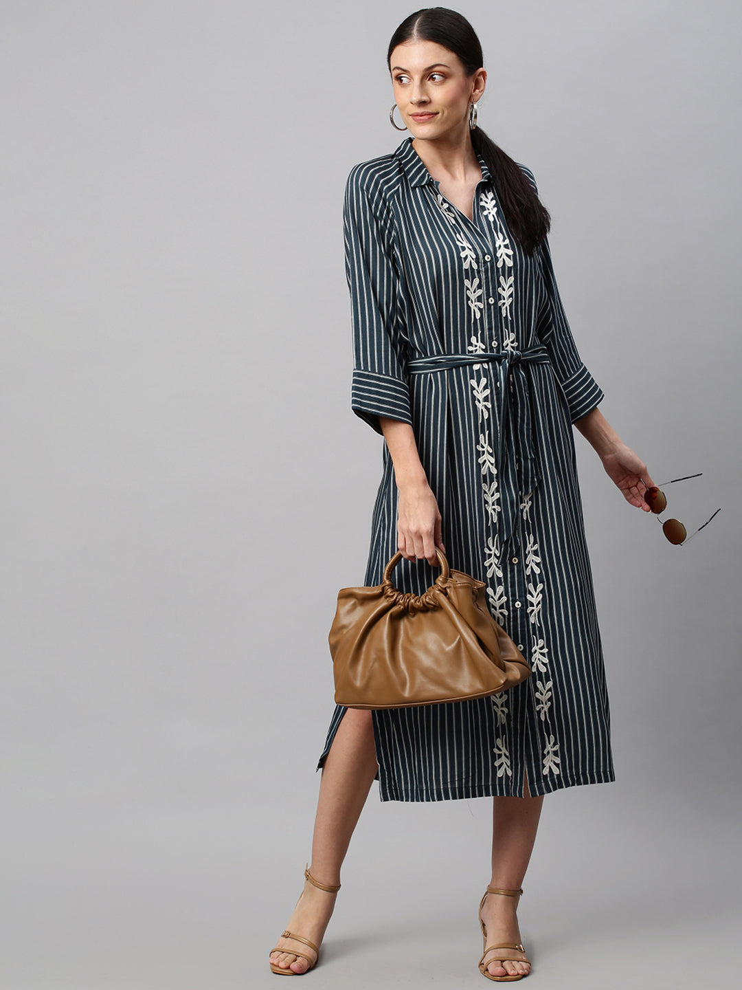 Printed Stripe Rayon Embroidered Raglan Sleeve Shirt Dress