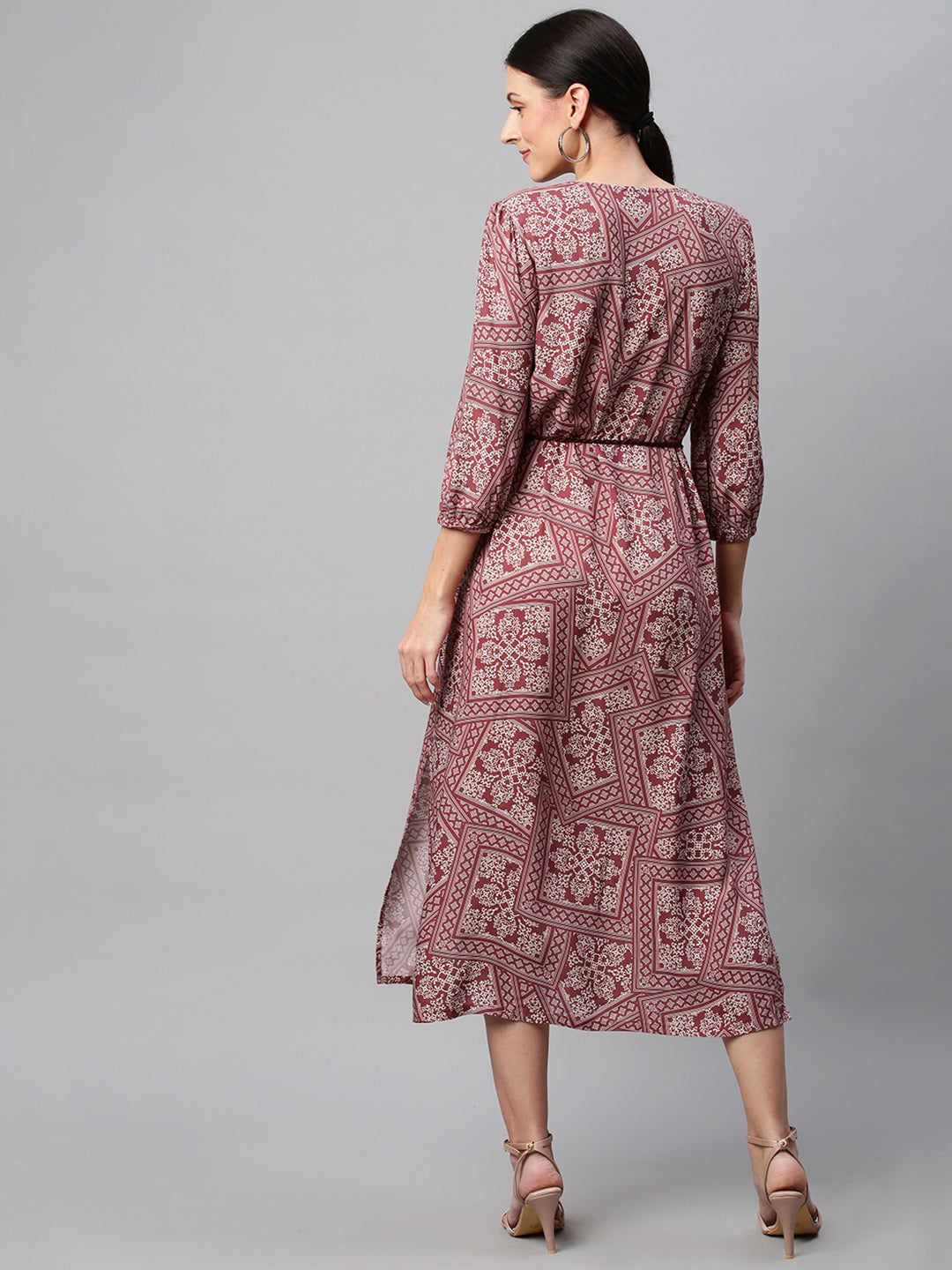 Rayon Printed Button Down 'A' - Line Shirt Dress With Braided Belt