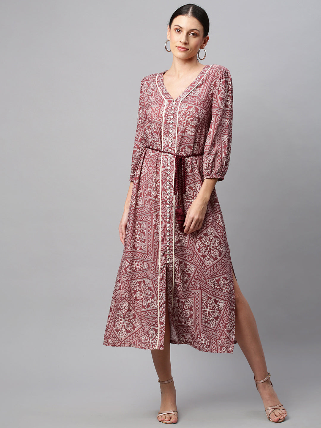 Rayon Printed Button Down 'A' - Line Shirt Dress With Braided Belt