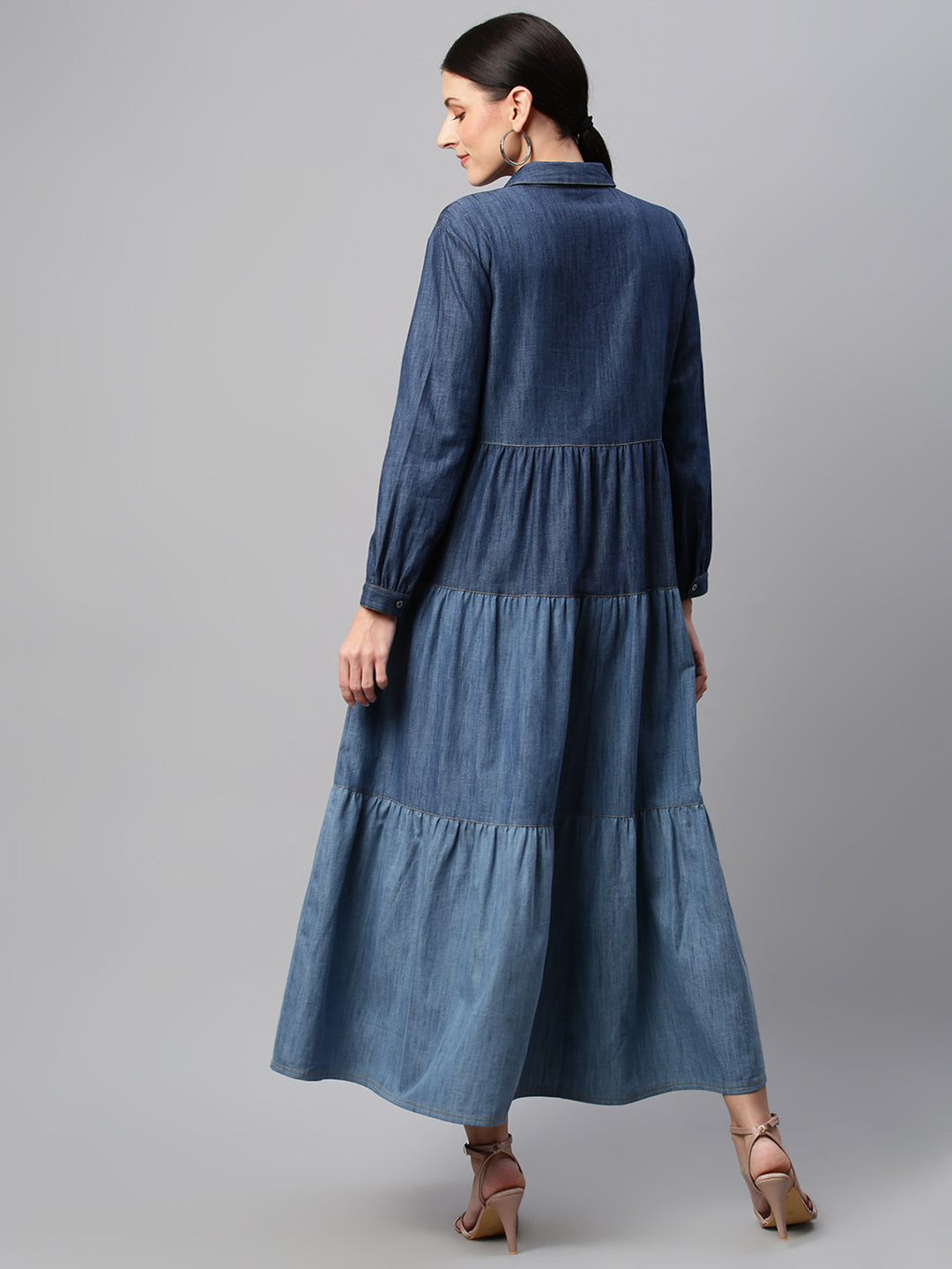 Graded Wash Denim Tiered Shirt Dress