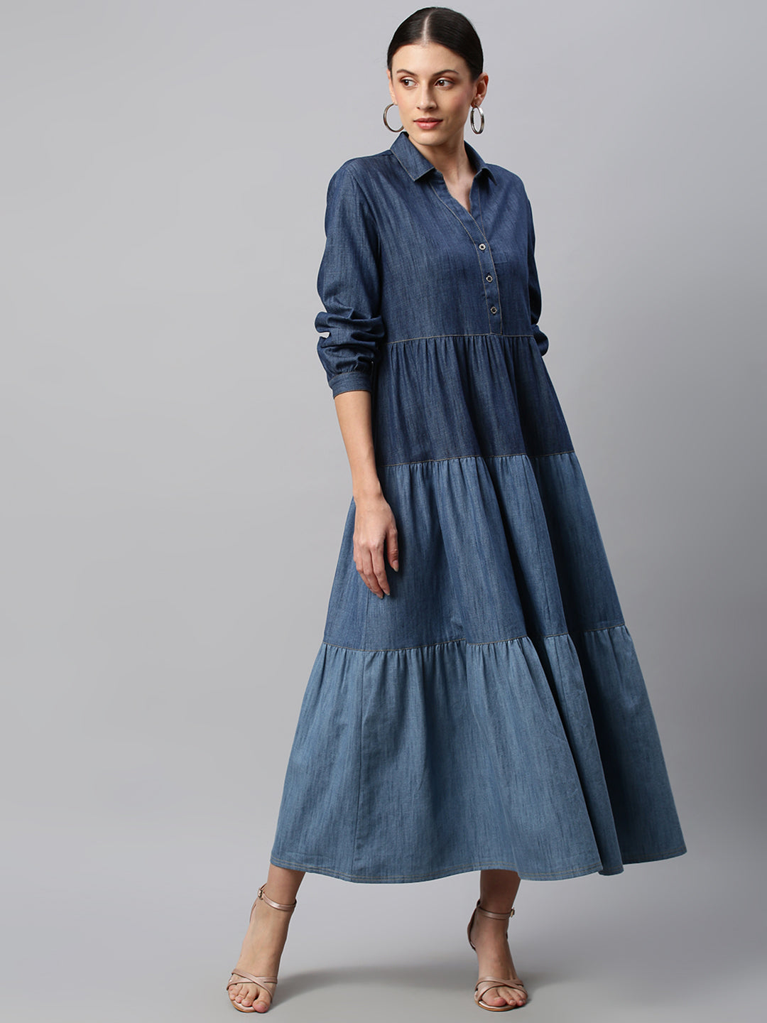 Graded Wash Denim Tiered Shirt Dress