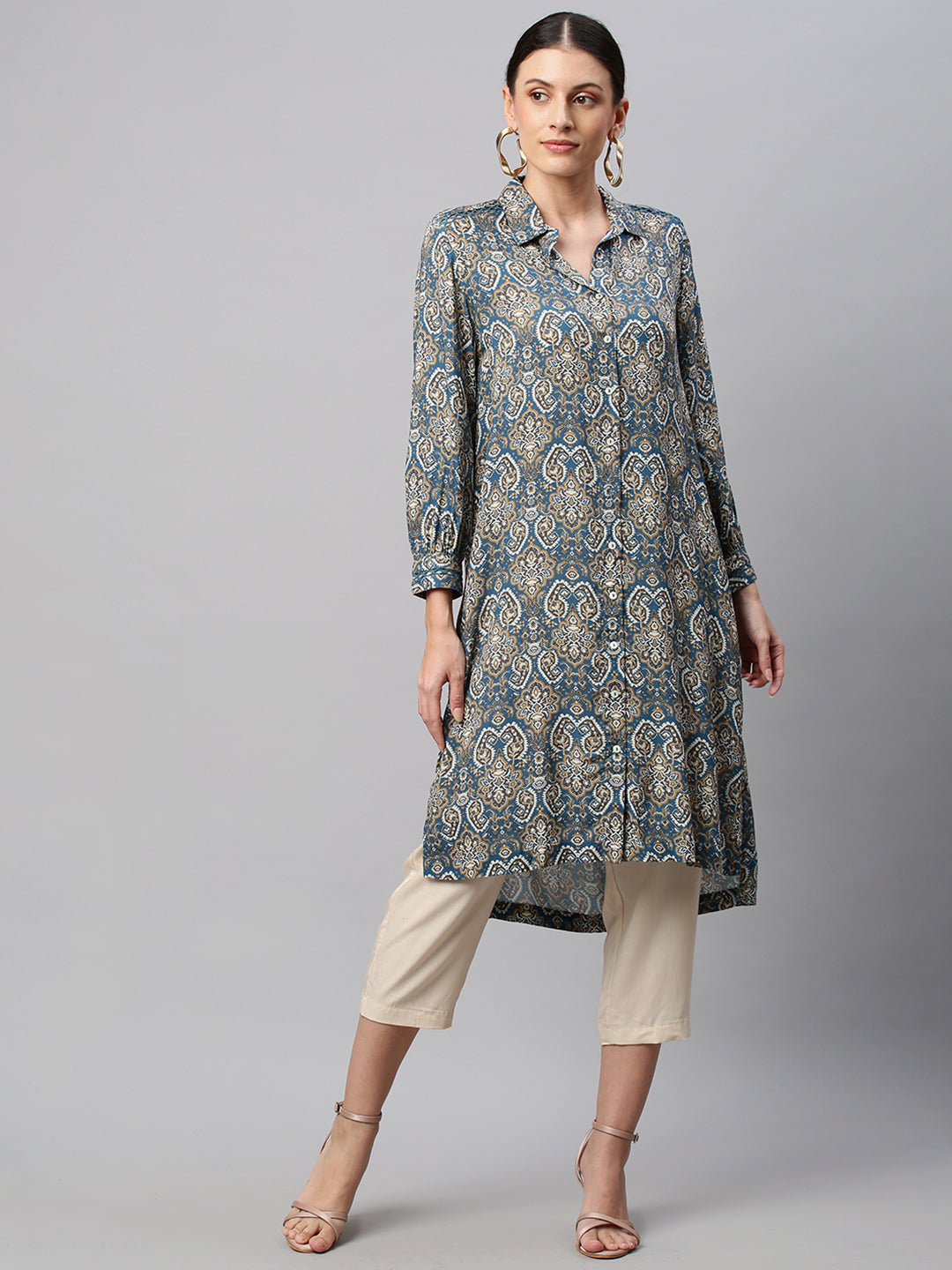 Printed Rayon Longline Shirt Tunic & Pj Set