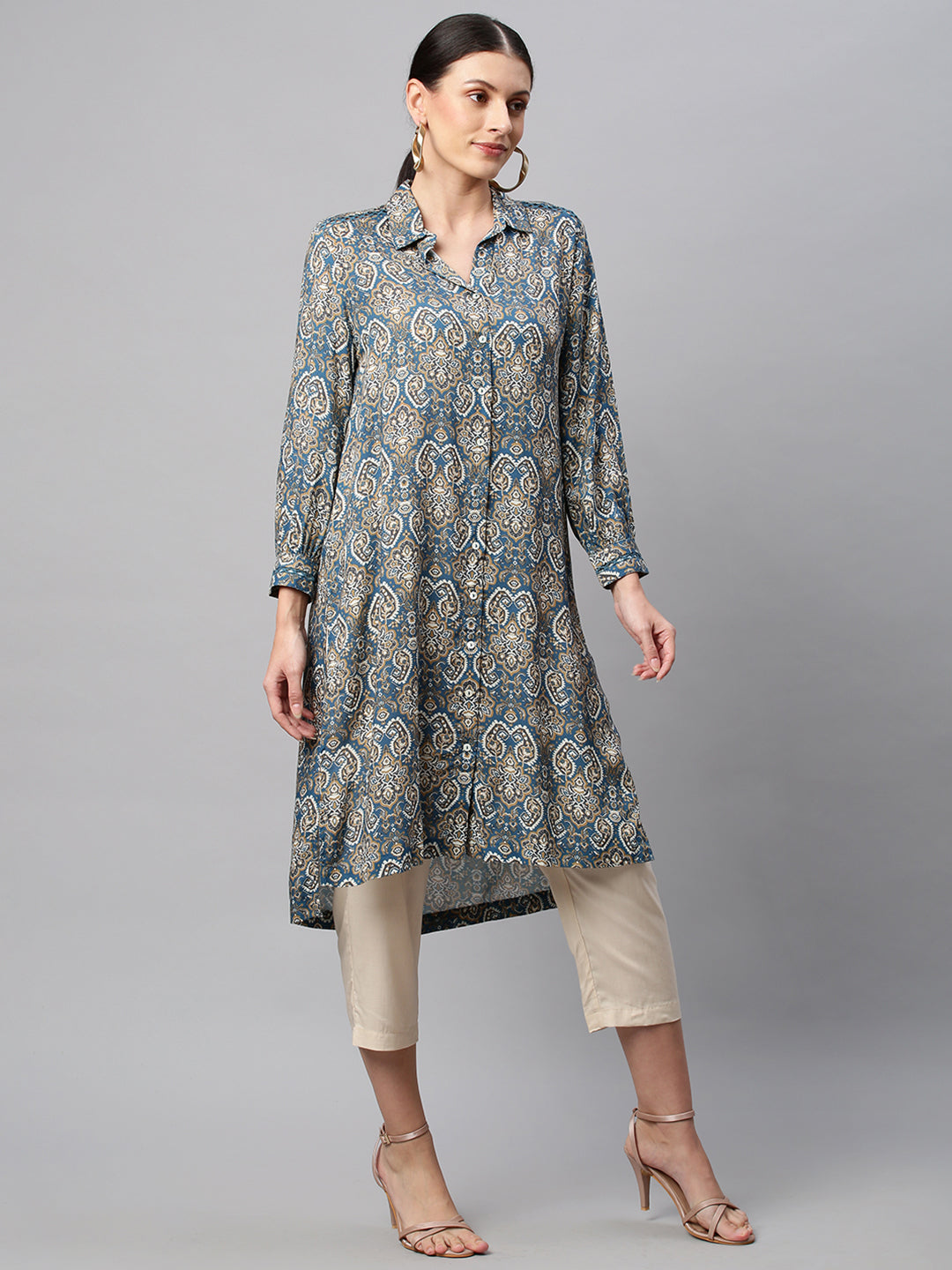 Printed Rayon Longline Shirt Tunic & Pj Set
