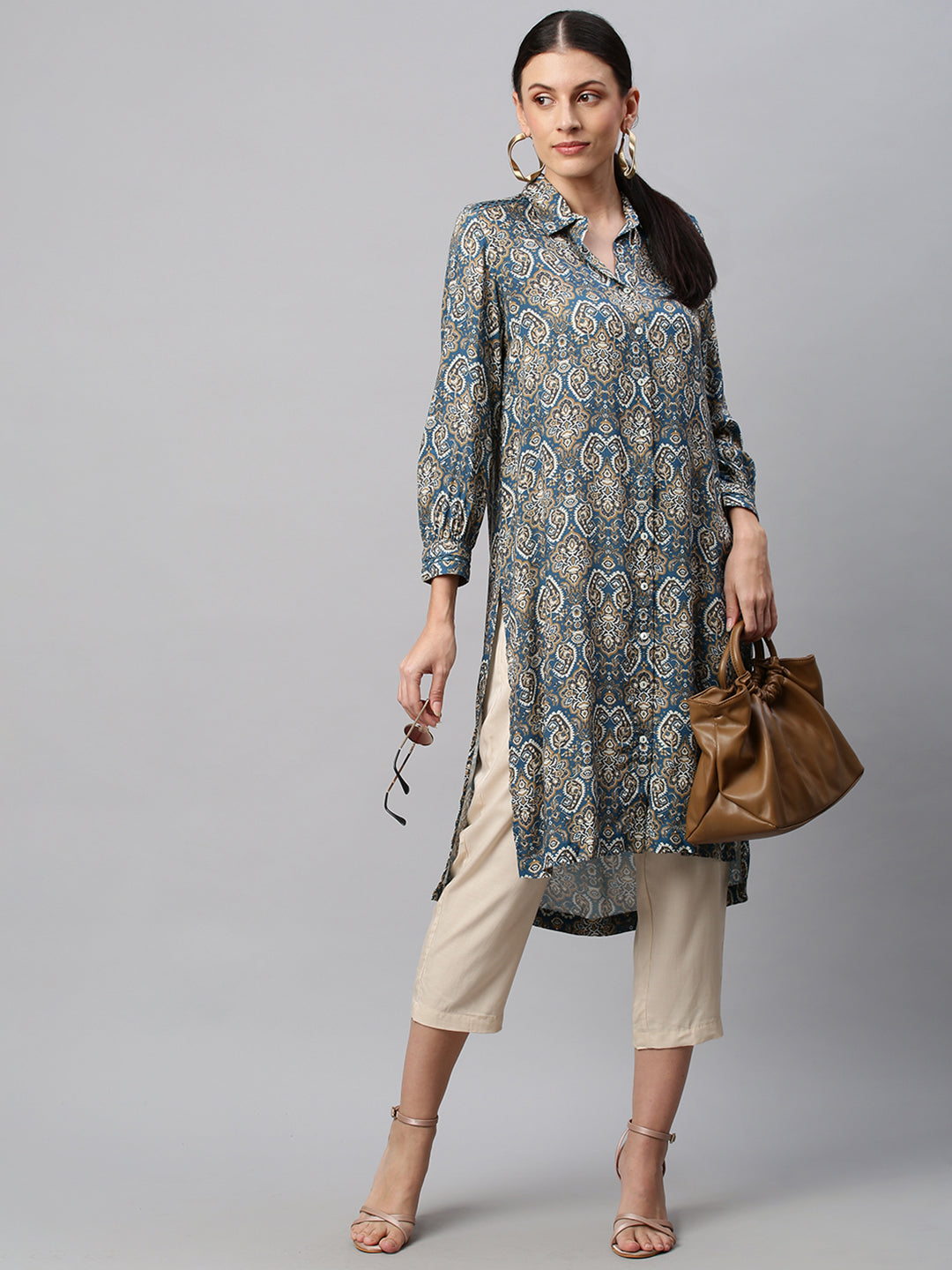 Printed Rayon Longline Shirt Tunic & Pj Set