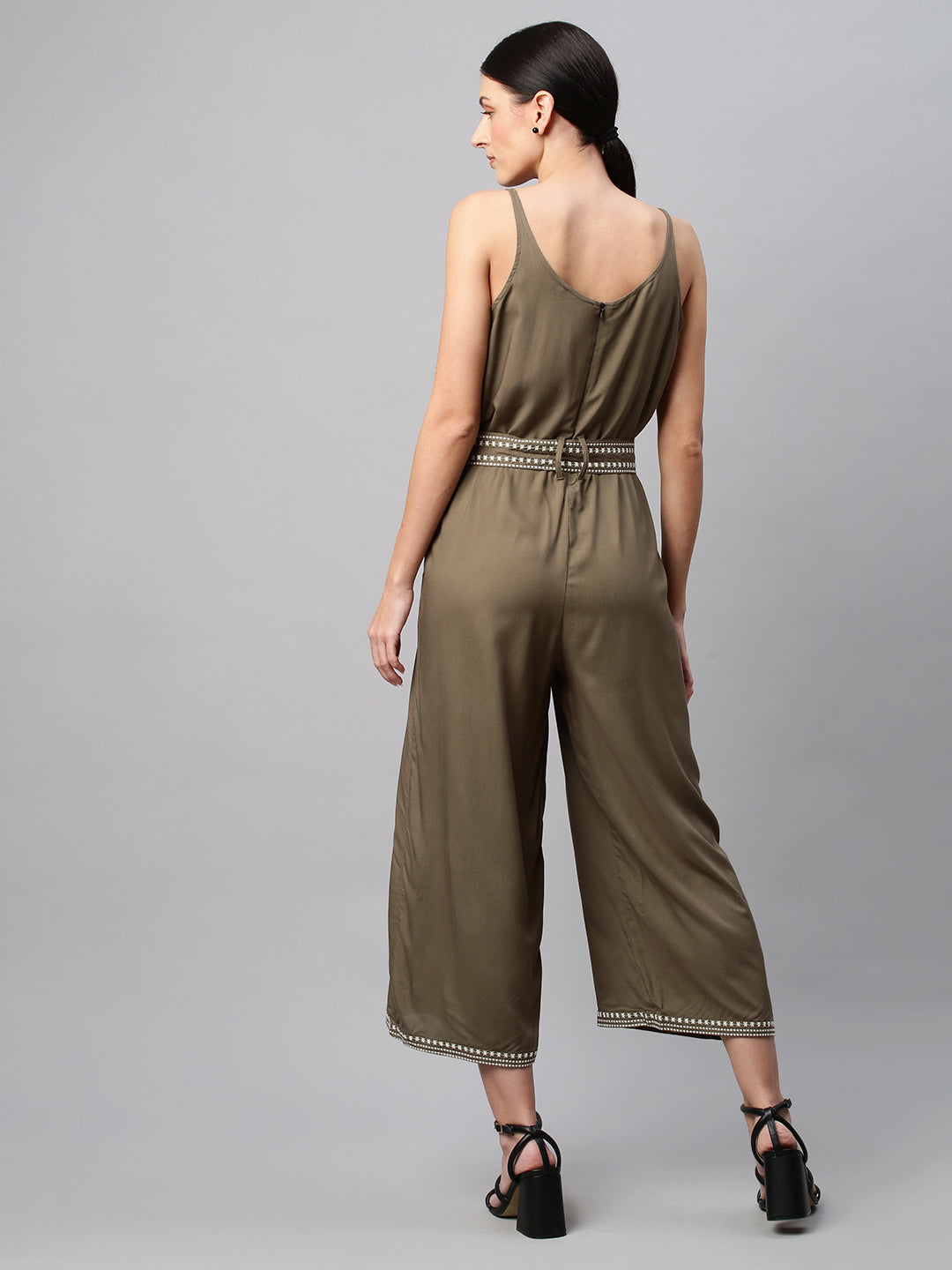 Rayon Wide Leg Jumpsuit With Embroidered Belt