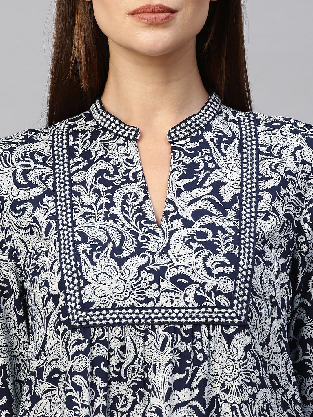Paisley Printed Rayon Tunic Top With Embroidery Detailing