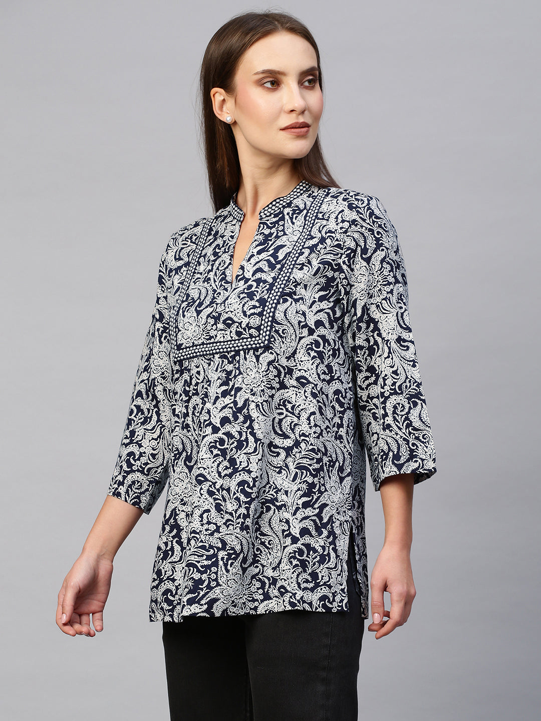 Paisley Printed Rayon Tunic Top With Embroidery Detailing