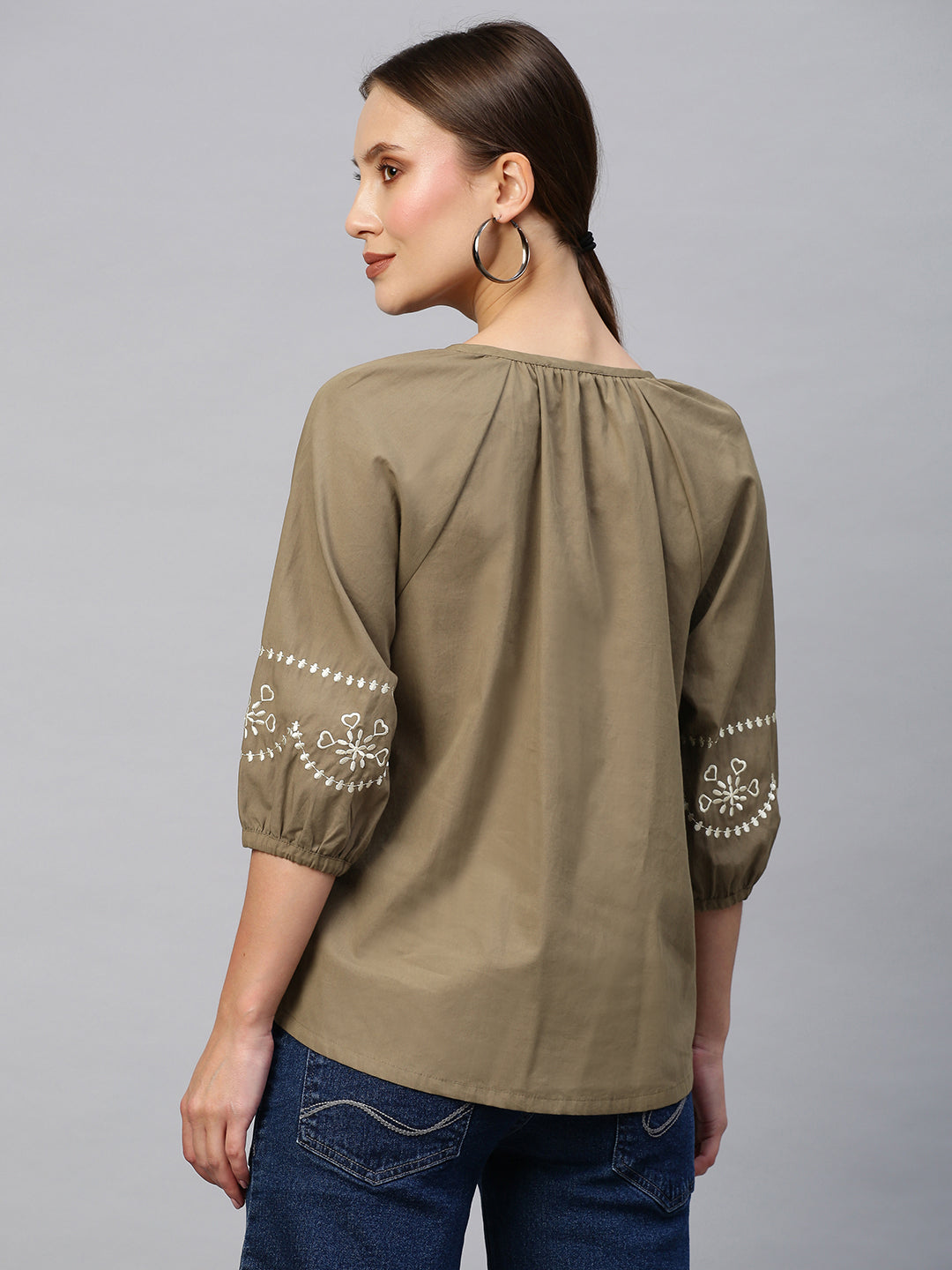Cotton Poplin Raglan Sleeve Embroidered Tunic Top
