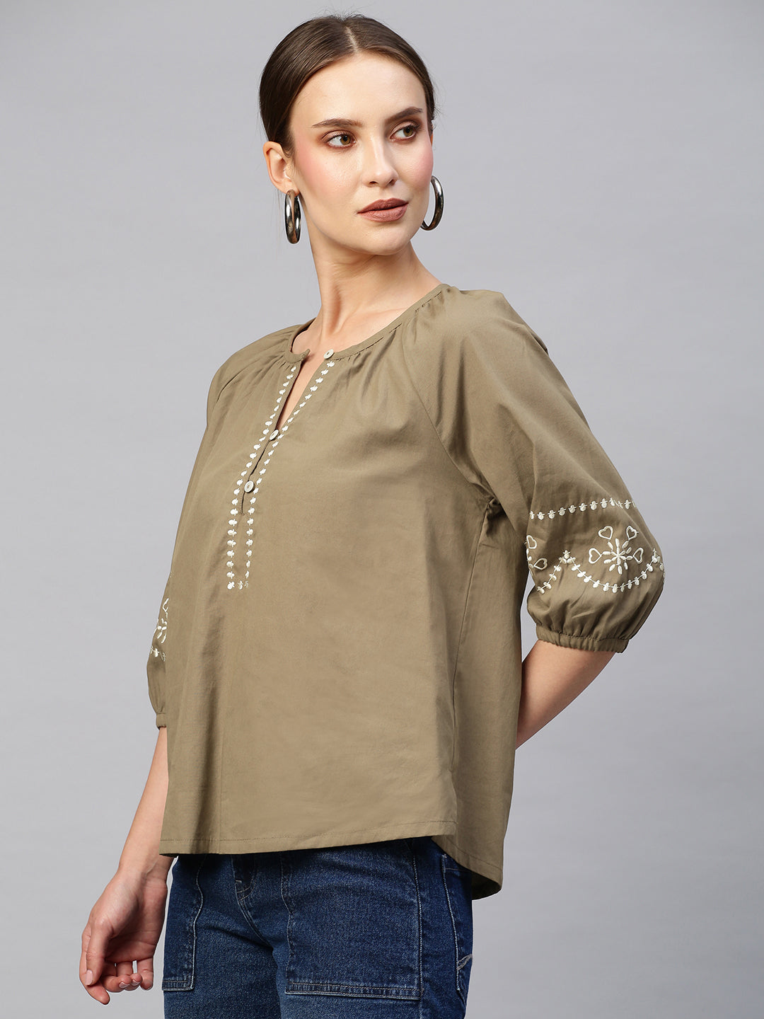 Cotton Poplin Raglan Sleeve Embroidered Tunic Top