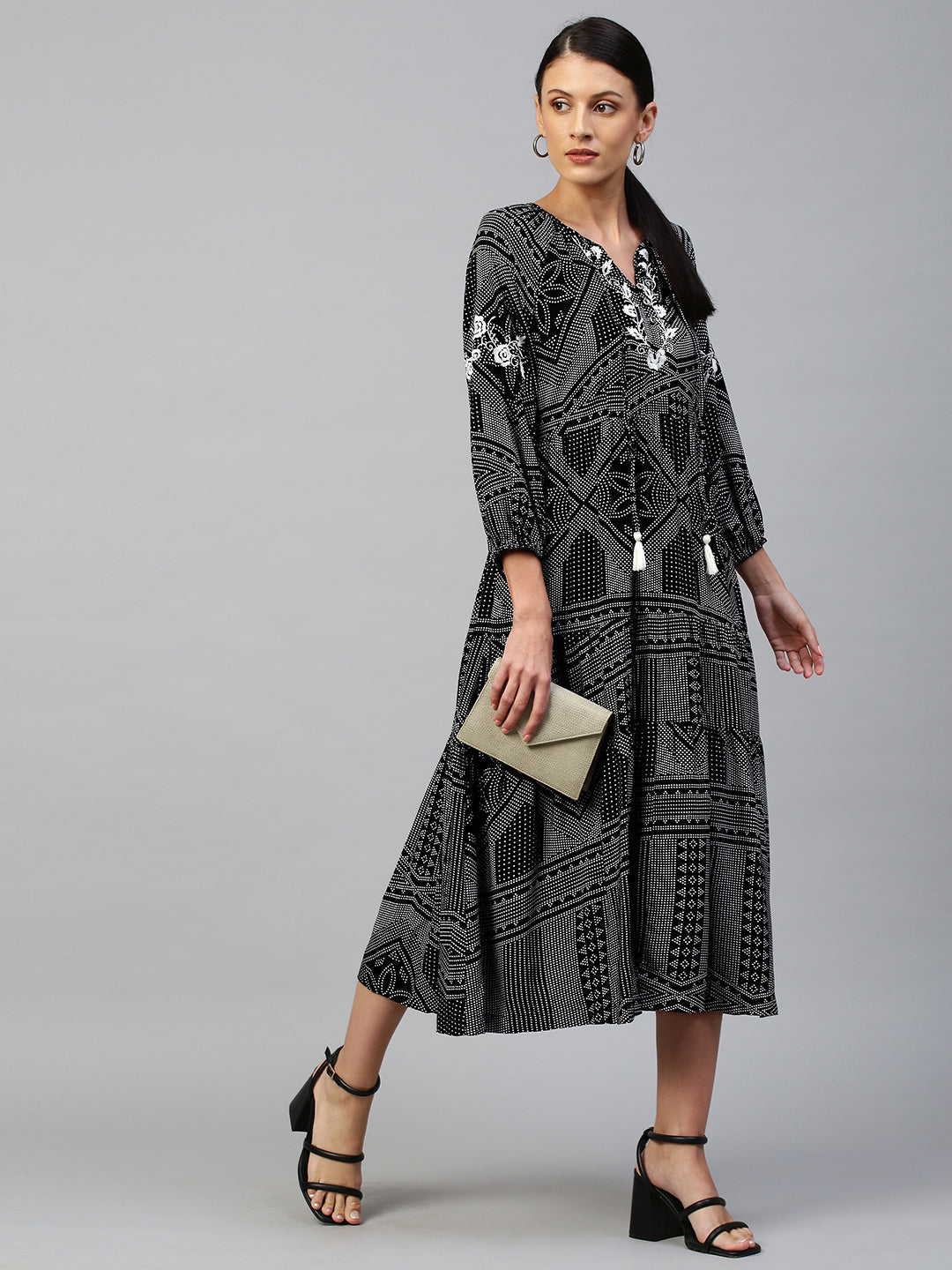 Graphic Printed Rayon Tiered Dress With Contrast Embroidery