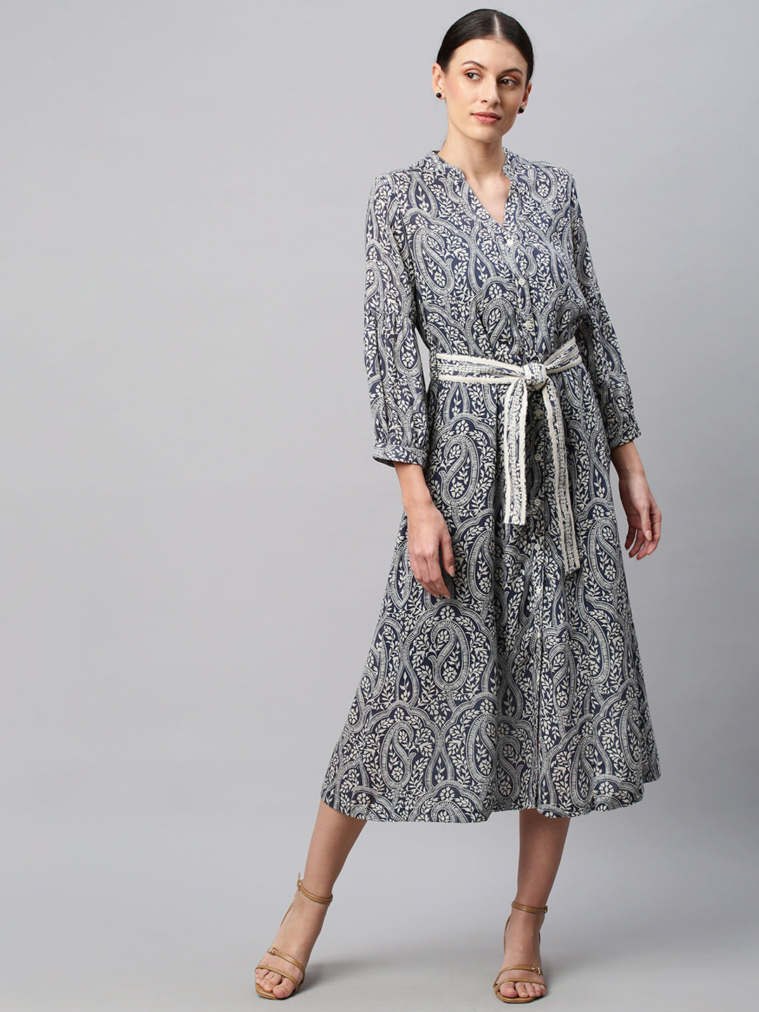 Pailey Printed Modal Shirt Dress With Embroidered Belt And Inner Slip