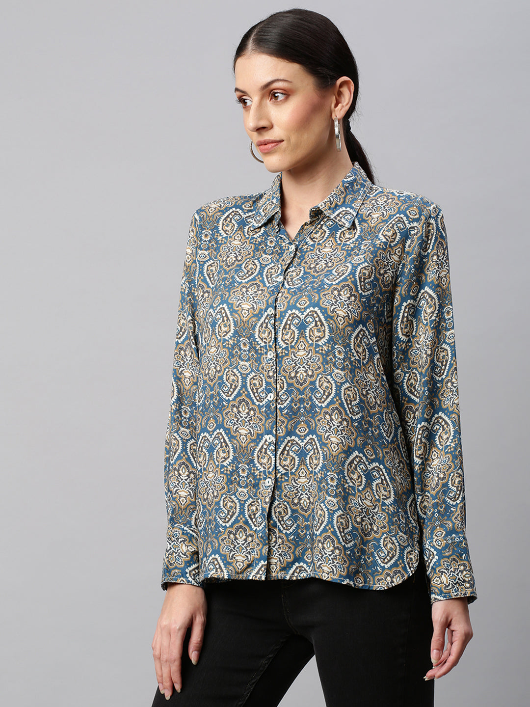 Printed Rayon Fluid Shirt With A High Low Hemline