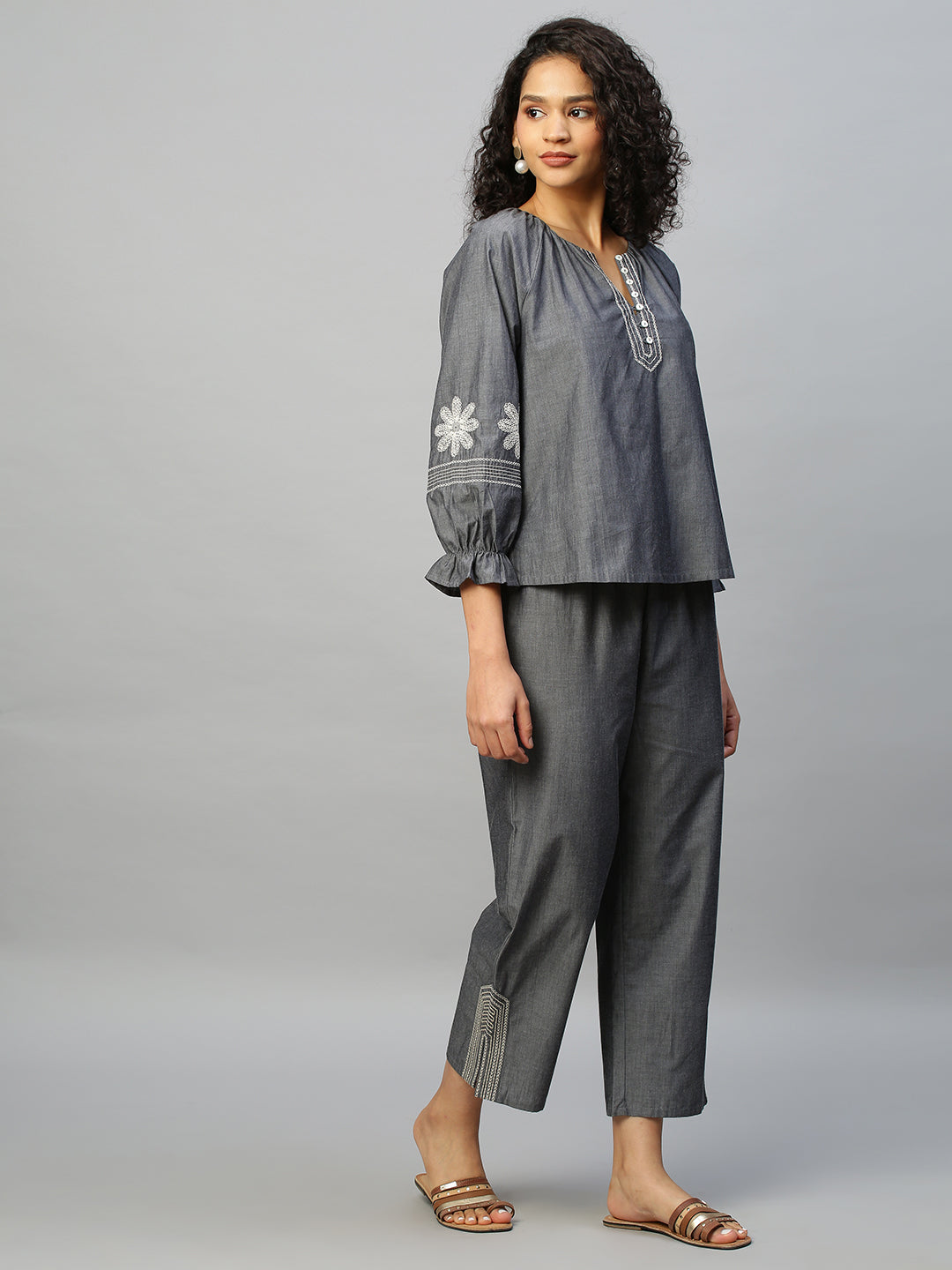 Charocoal Chambray Embroidered Tunic Top