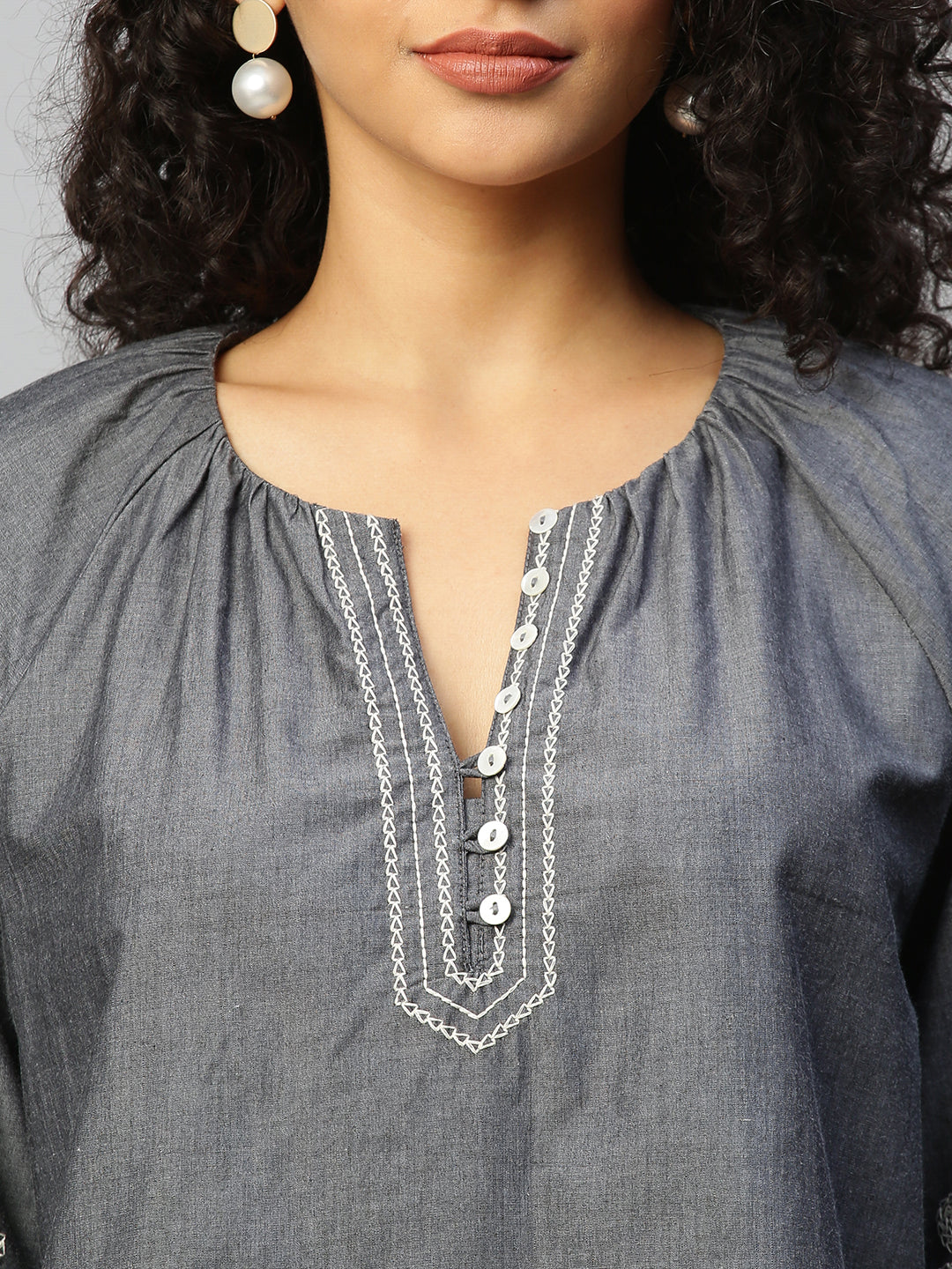 Charocoal Chambray Embroidered Tunic Top