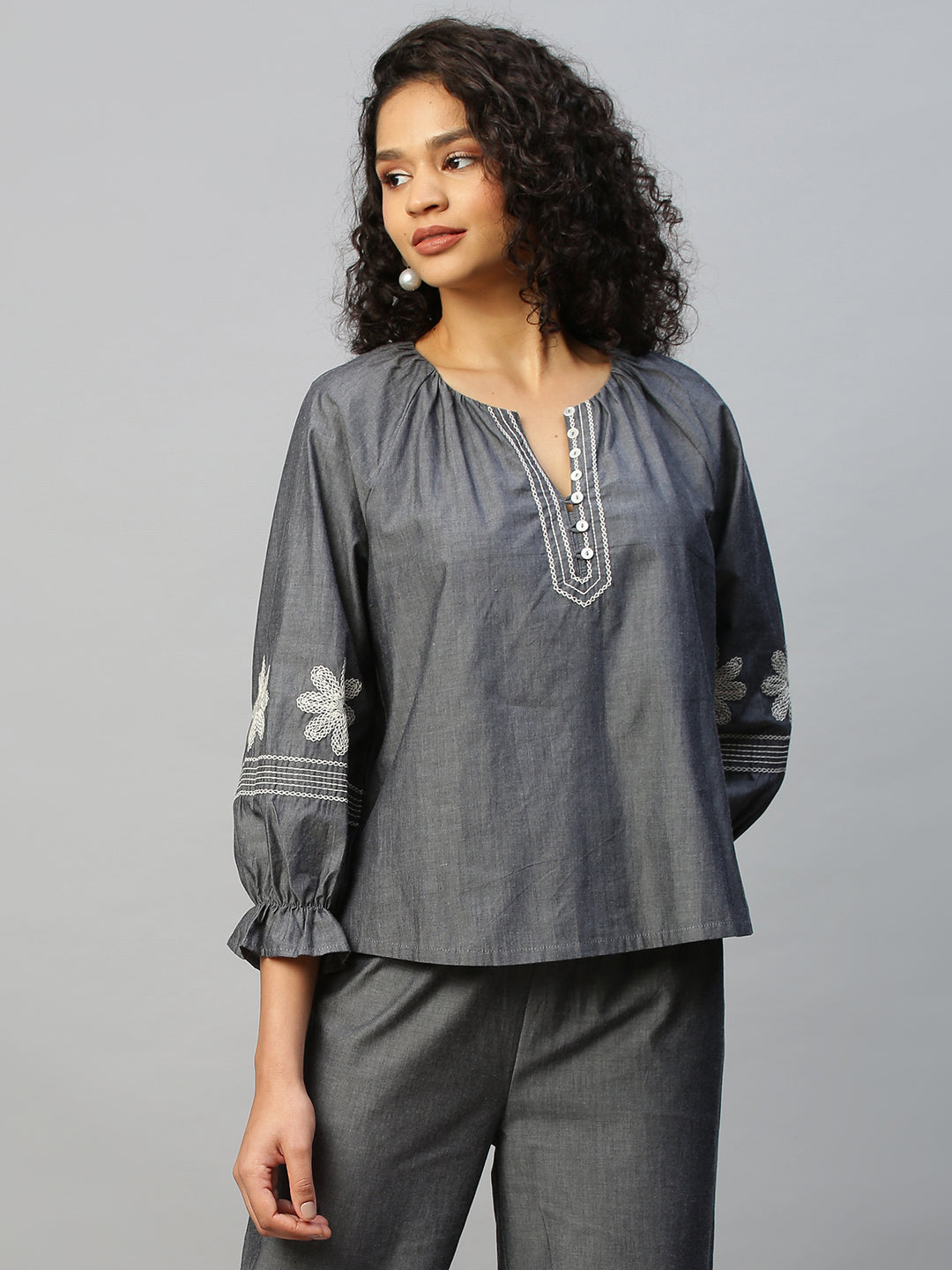 Charocoal Chambray Embroidered Tunic Top