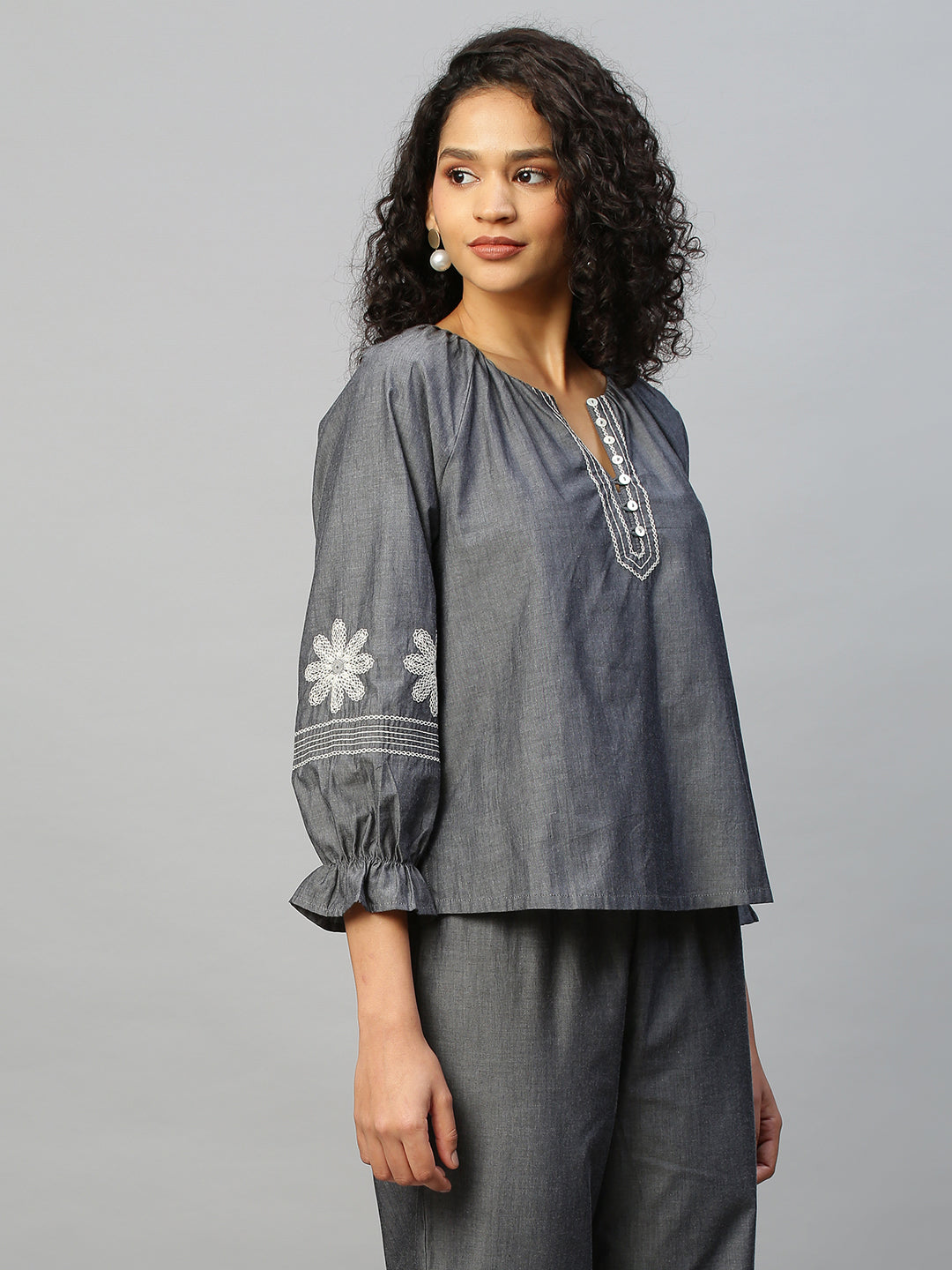 Charocoal Chambray Embroidered Tunic Top