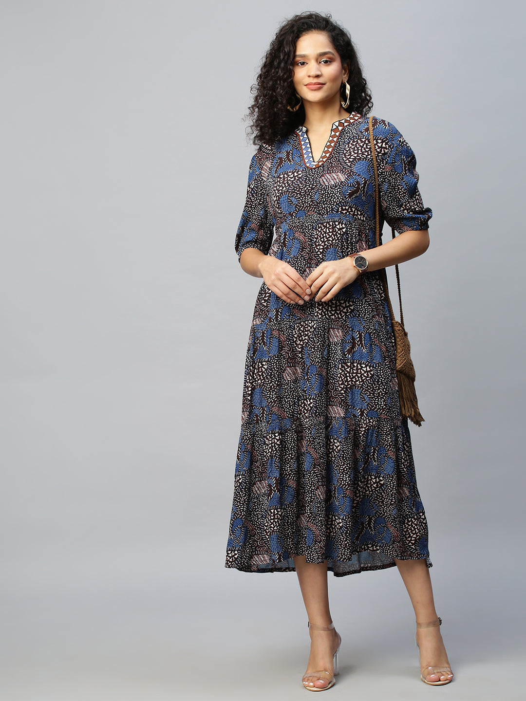 Crinkle Rayon Tiered Dress With Graphic Embroidery