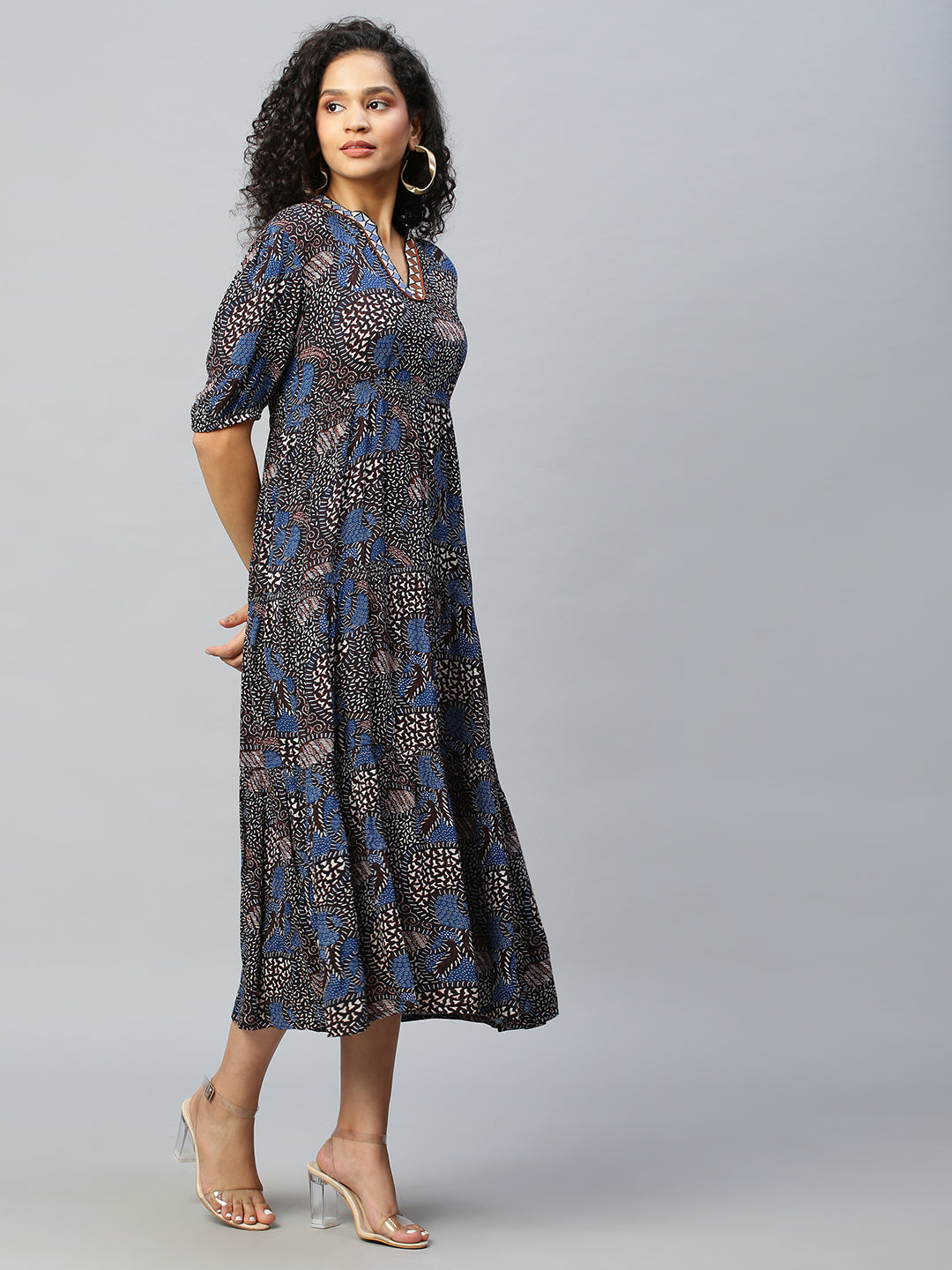 Crinkle Rayon Tiered Dress With Graphic Embroidery