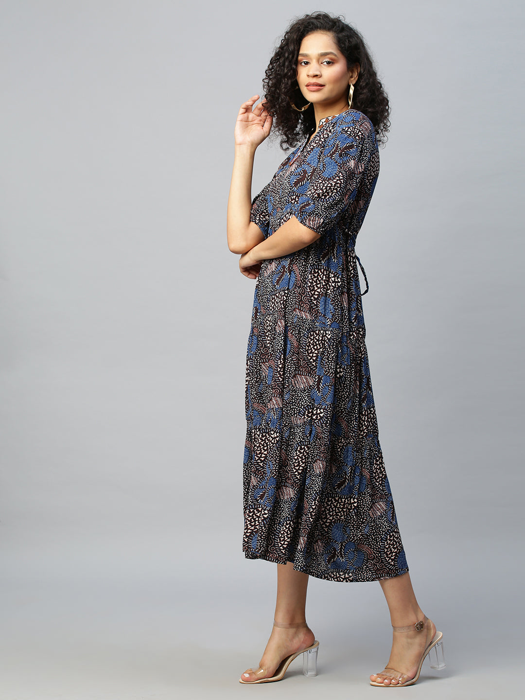 Crinkle Rayon Tiered Dress With Graphic Embroidery