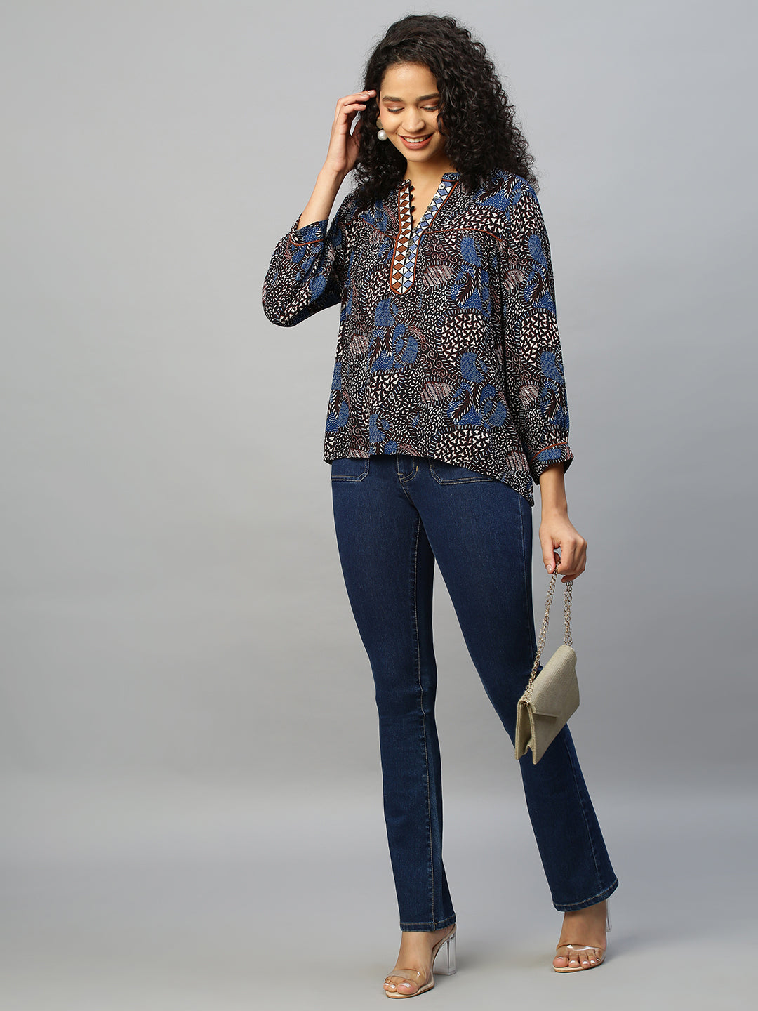 Crinkle Rayon Graphic Embroidered Tunic Top
