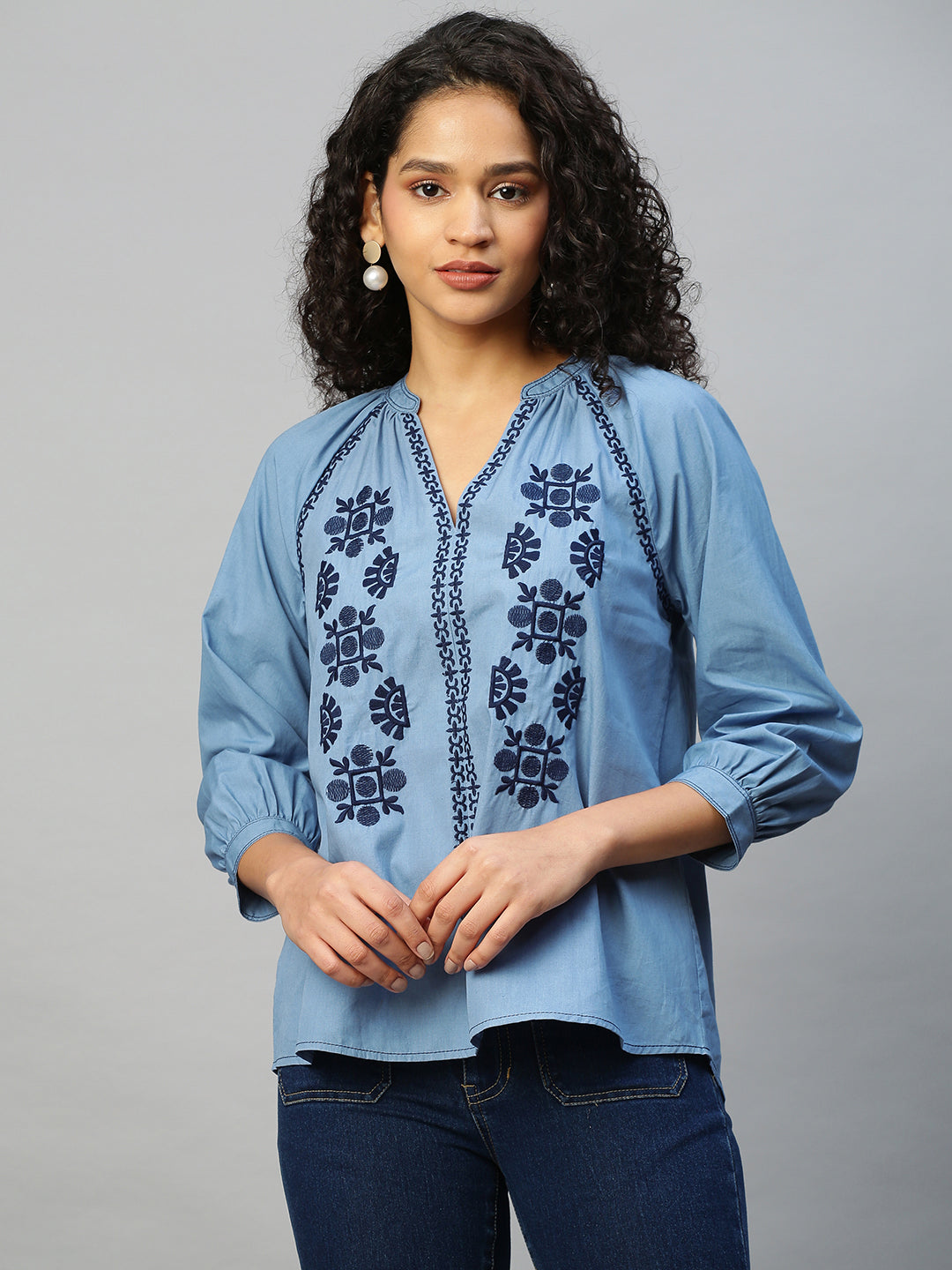 Cotton Poplin Raglan Sleeve Embroidered Tunic Top