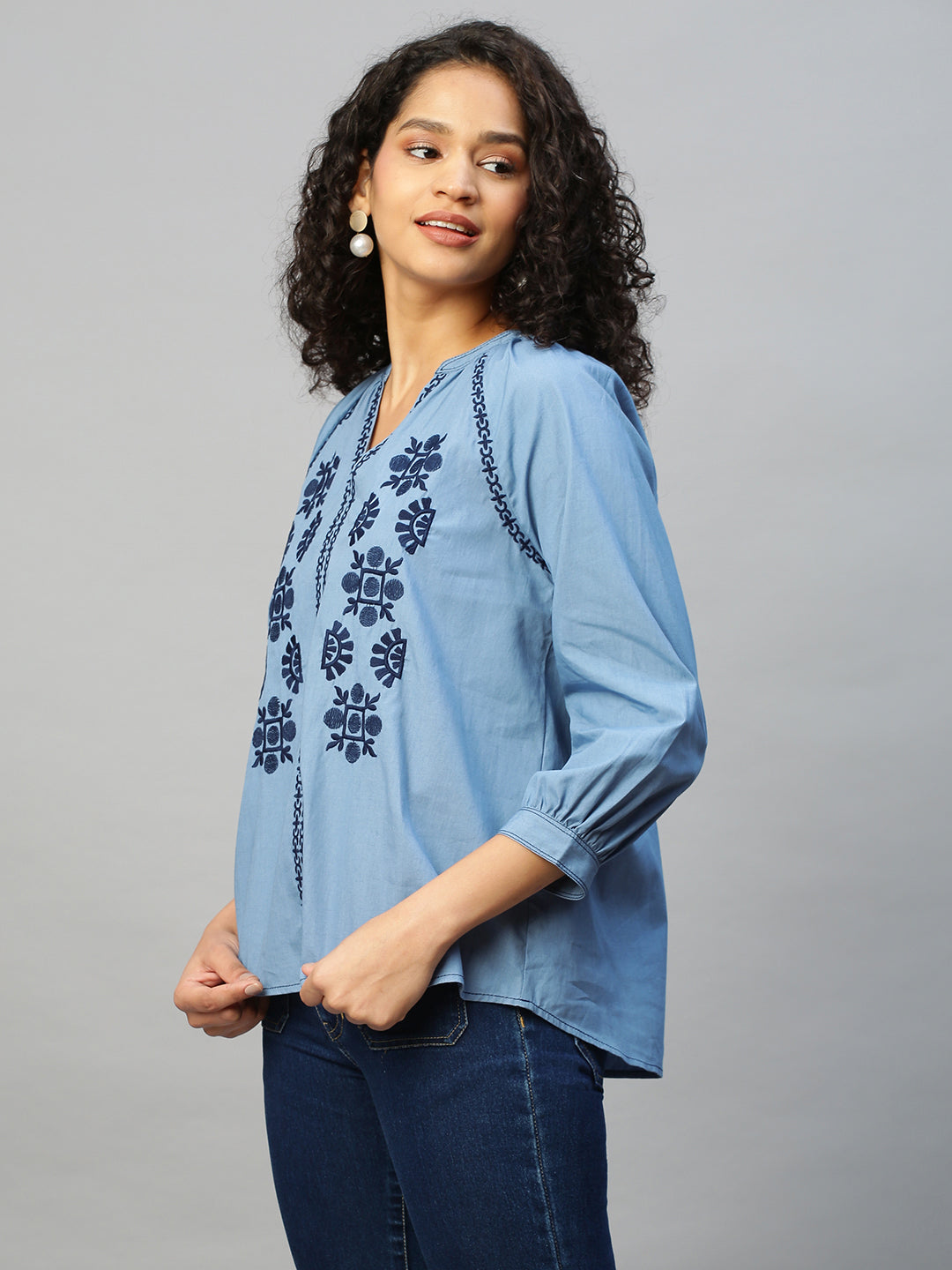 Cotton Poplin Raglan Sleeve Embroidered Tunic Top