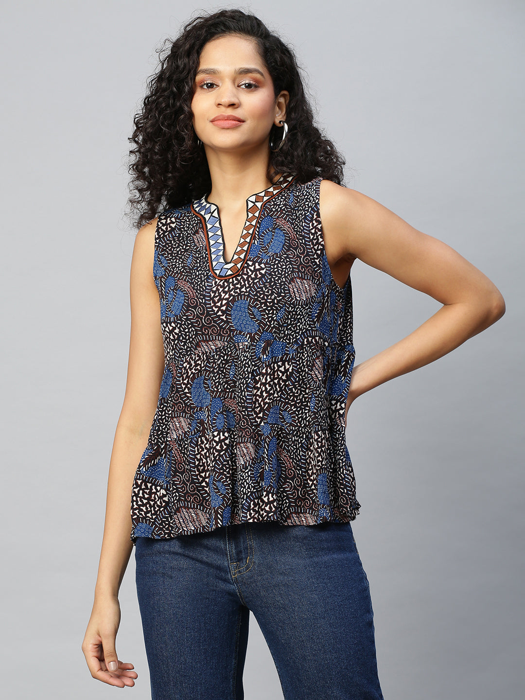 Crinkle Rayon Graphic Embroidered Tiered Top