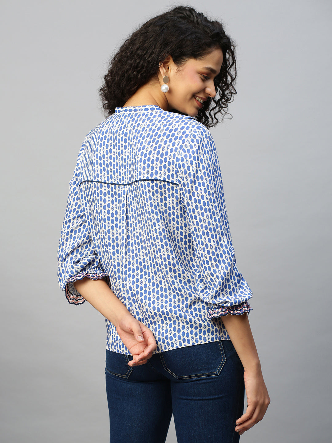 Dot Printed Rayon, Detailed Yoke Tunic Top W Scalloped Embroidered Cuff