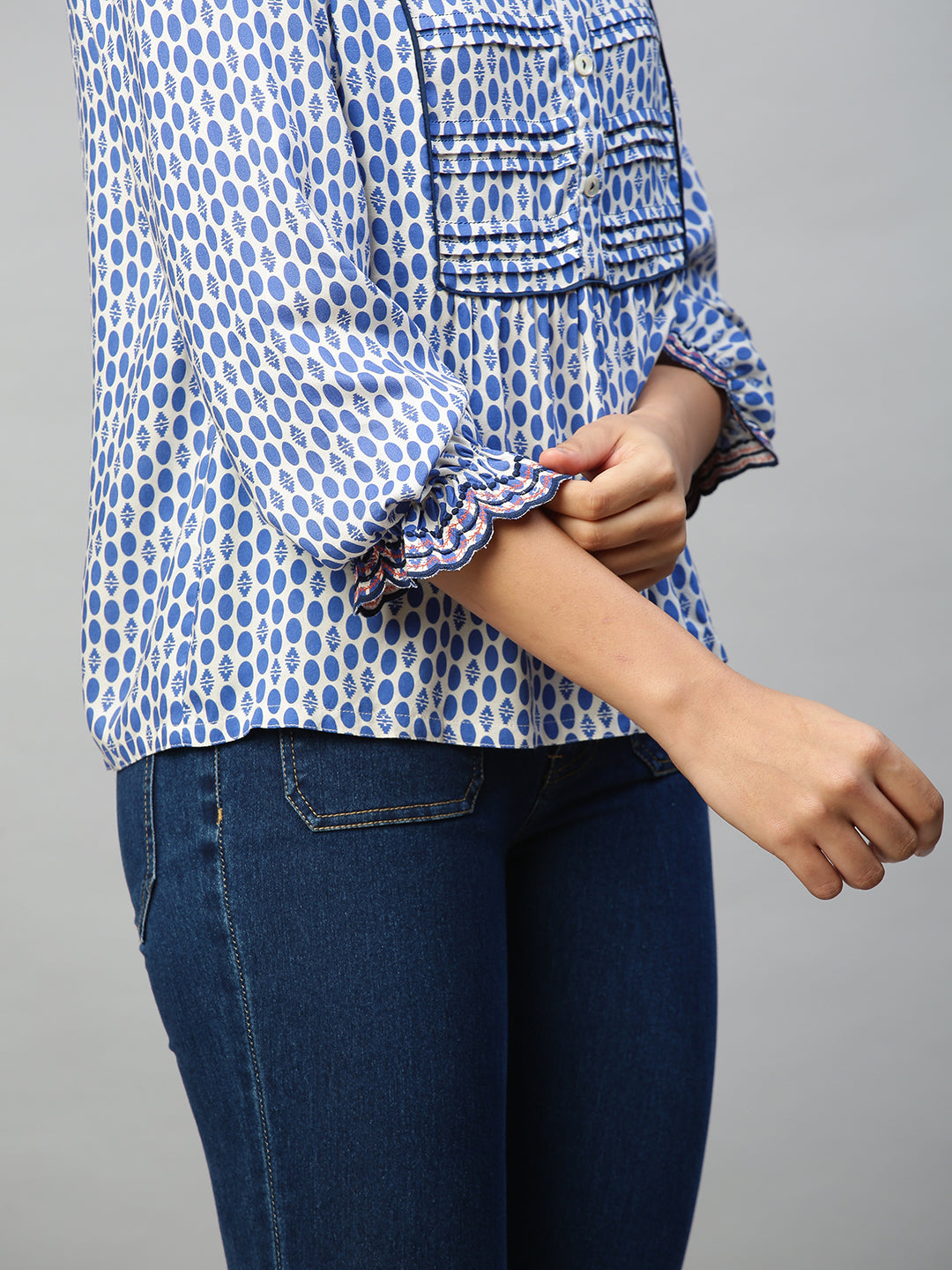 Dot Printed Rayon, Detailed Yoke Tunic Top W Scalloped Embroidered Cuff