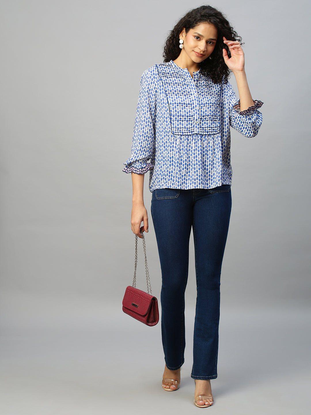 Dot Printed Rayon, Detailed Yoke Tunic Top W Scalloped Embroidered Cuff