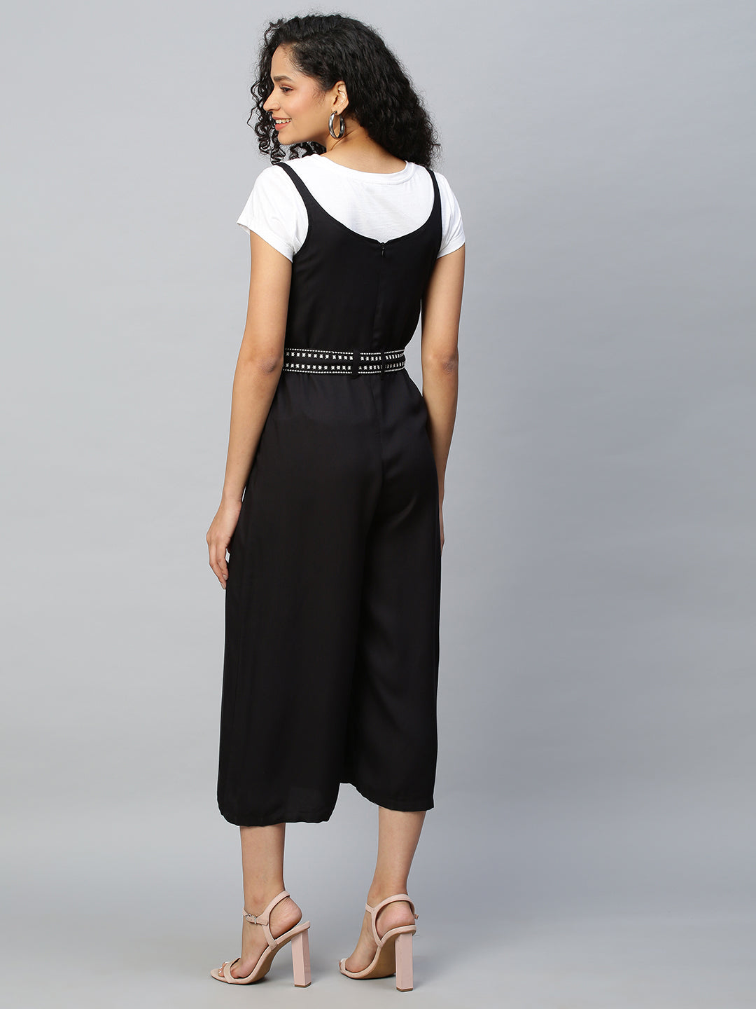 Rayon Twill Embroidered Belted Jumpsuit Paired With A Tee