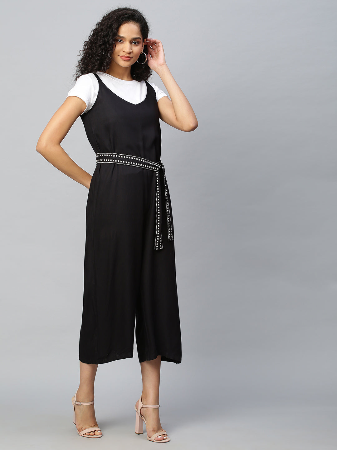 Rayon Twill Embroidered Belted Jumpsuit Paired With A Tee