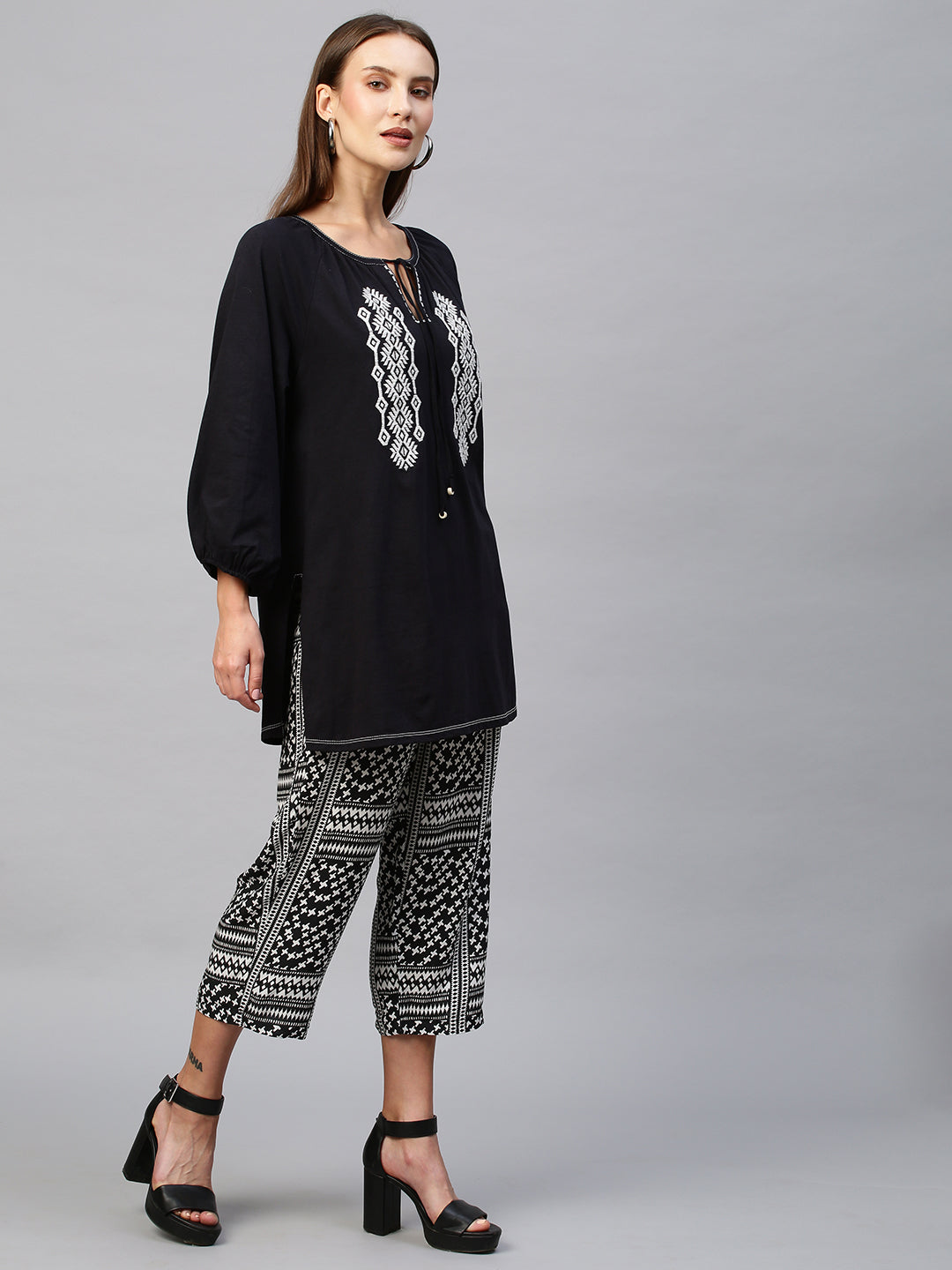 Cotton Jersey Embroidered Tunic Top With Rayon Printed Pyjama Set