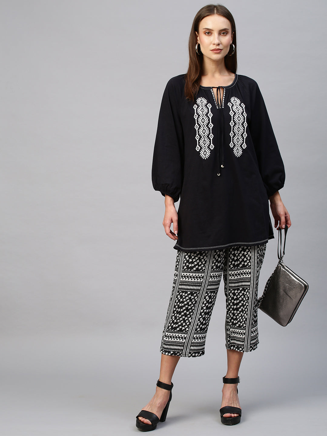 Cotton Jersey Embroidered Tunic Top With Rayon Printed Pyjama Set