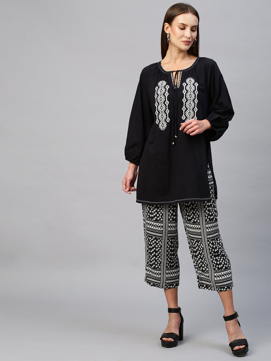 Cotton Jersey Embroidered Tunic Top With Rayon Printed Pyjama Set