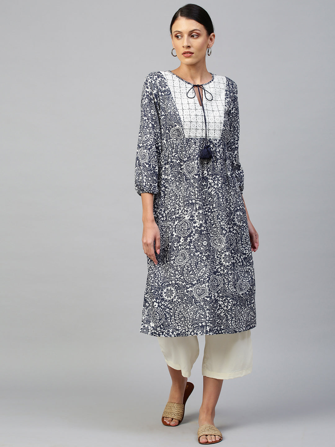 Paisley Printed Rayon & Twill Kurta Set With Guipure Lace Yoke