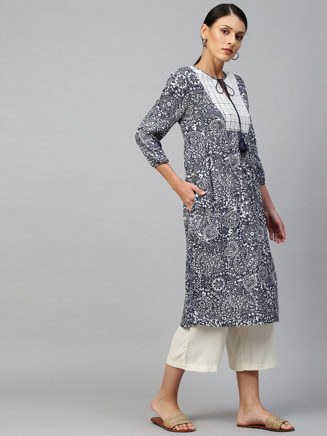 Paisley Printed Rayon & Twill Kurta Set With Guipure Lace Yoke