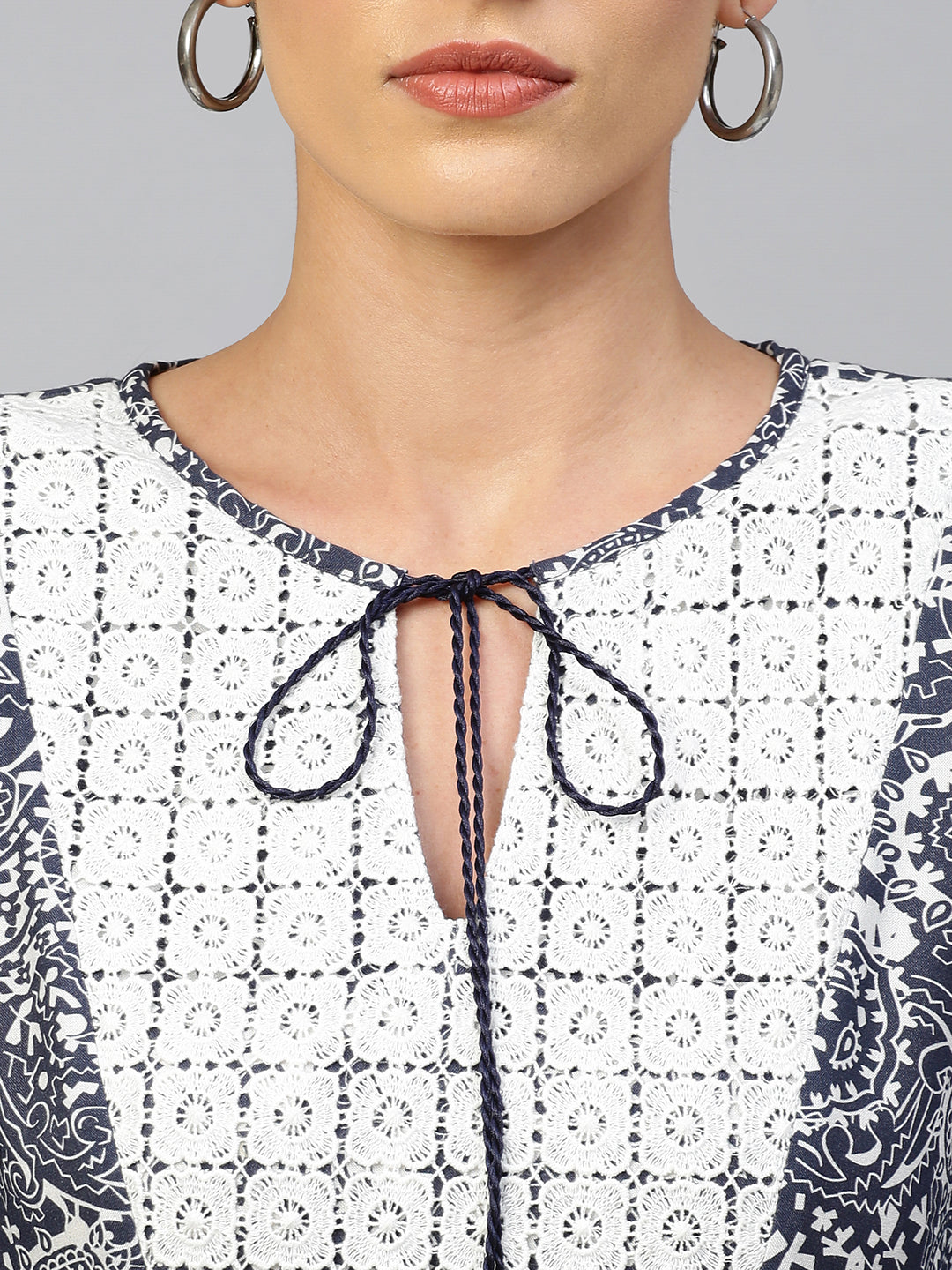 Paisley Printed Rayon & Twill Kurta Set With Guipure Lace Yoke