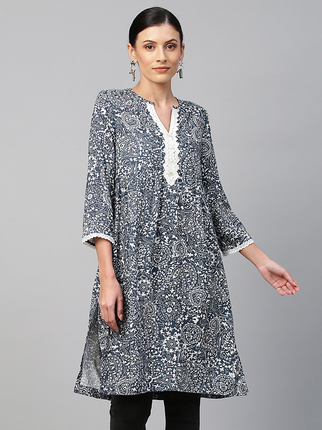 PAISLEY PRINTED RAYON KURTA WITH CROCHET TRIMMING