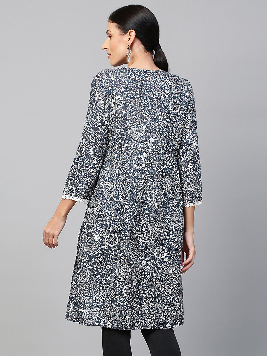 PAISLEY PRINTED RAYON KURTA WITH CROCHET TRIMMING