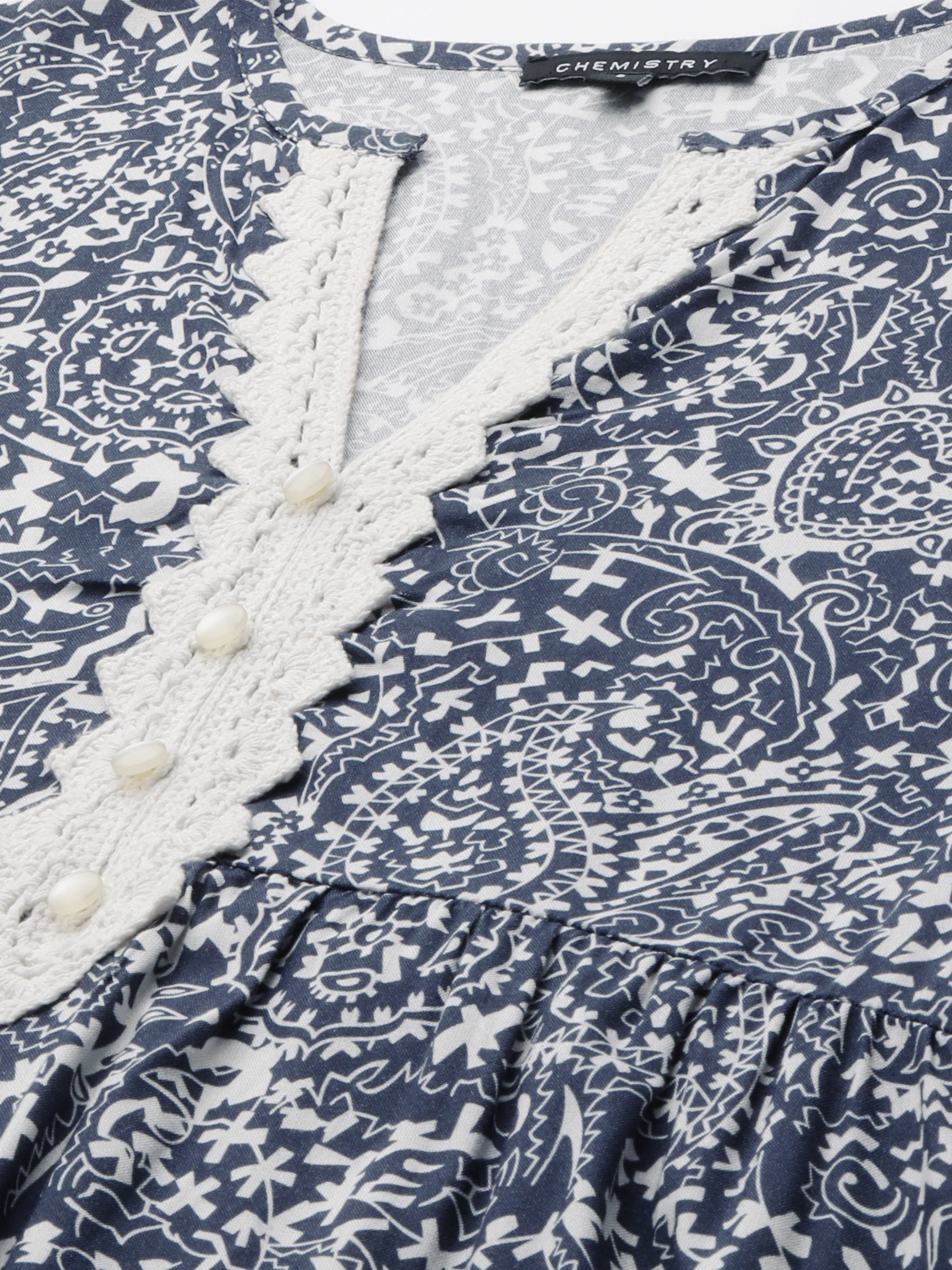 PAISLEY PRINTED RAYON KURTA WITH CROCHET TRIMMING