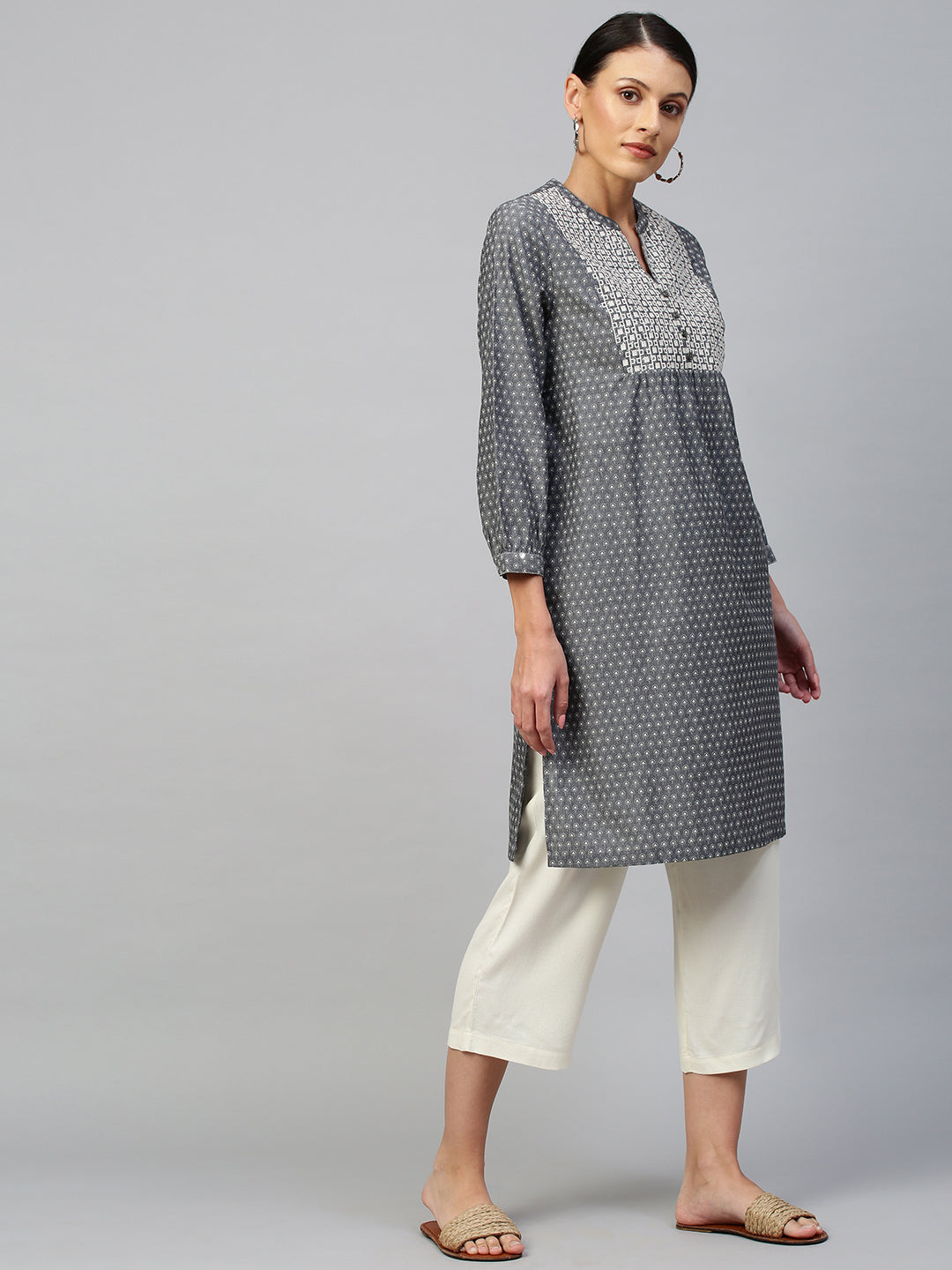 Floral Printed Chambray & Viscose Twill Embroidered Yoke Kurta Set