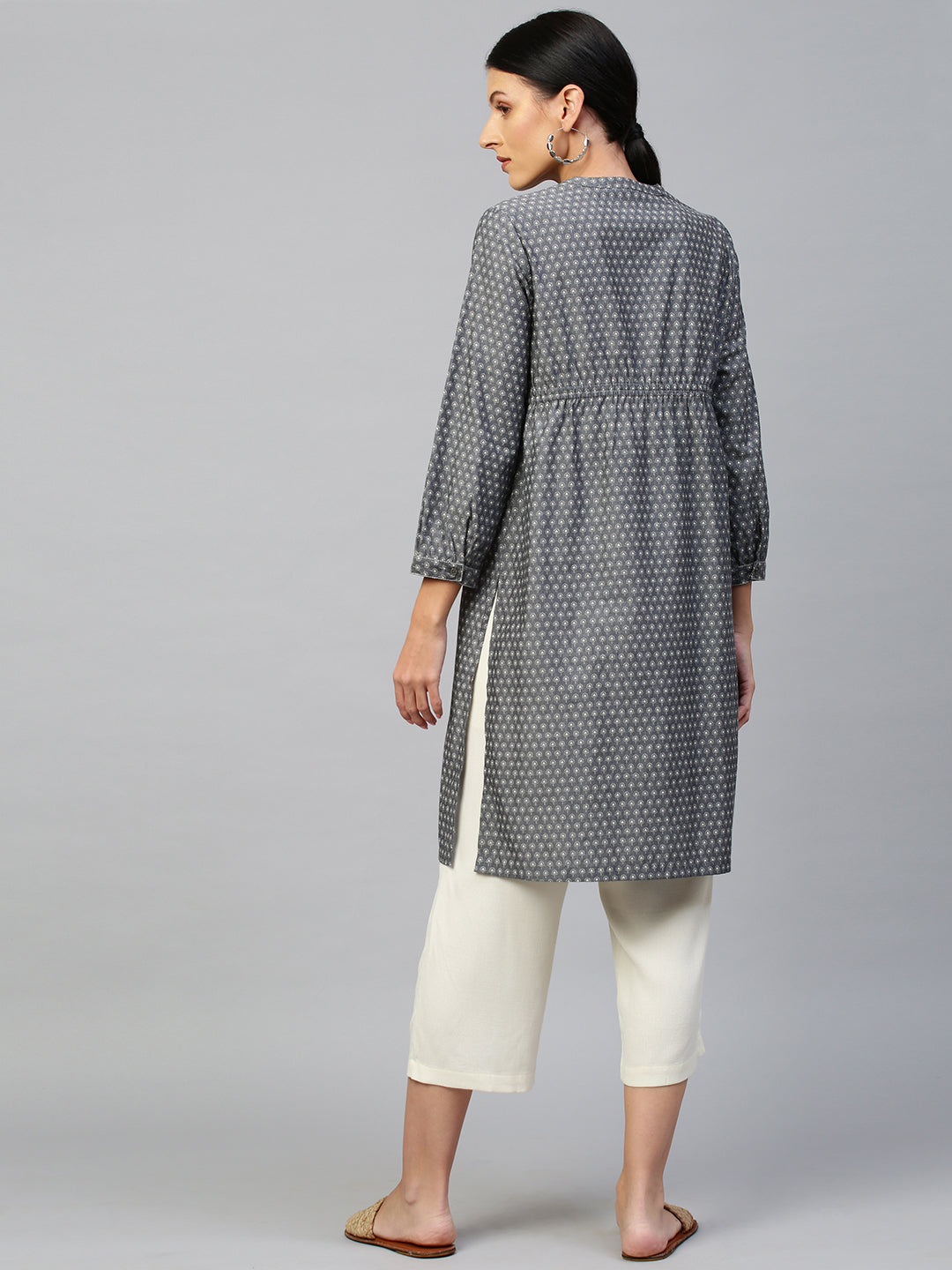 Floral Printed Chambray & Viscose Twill Embroidered Yoke Kurta Set