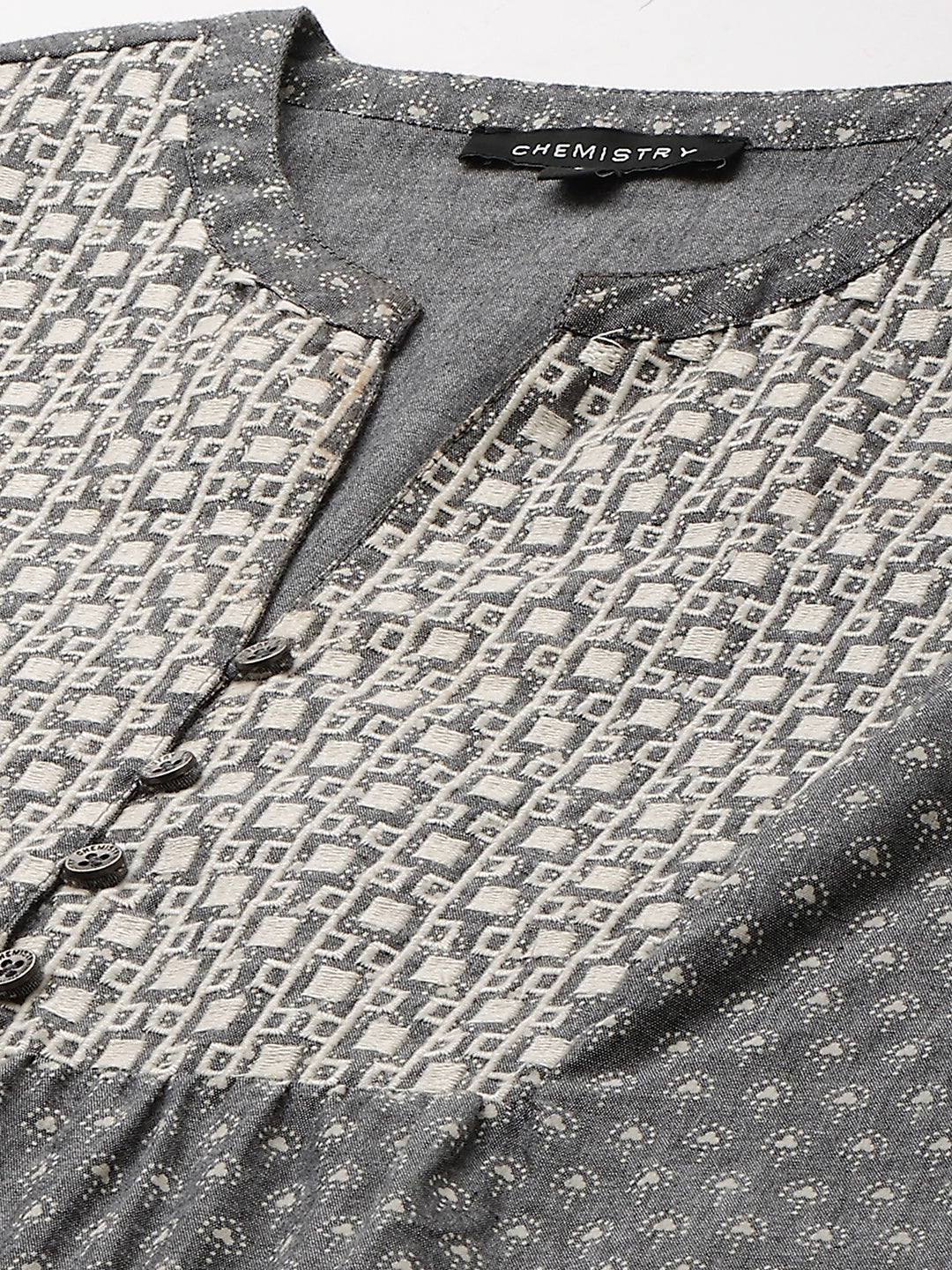 Floral Printed Chambray & Viscose Twill Embroidered Yoke Kurta Set