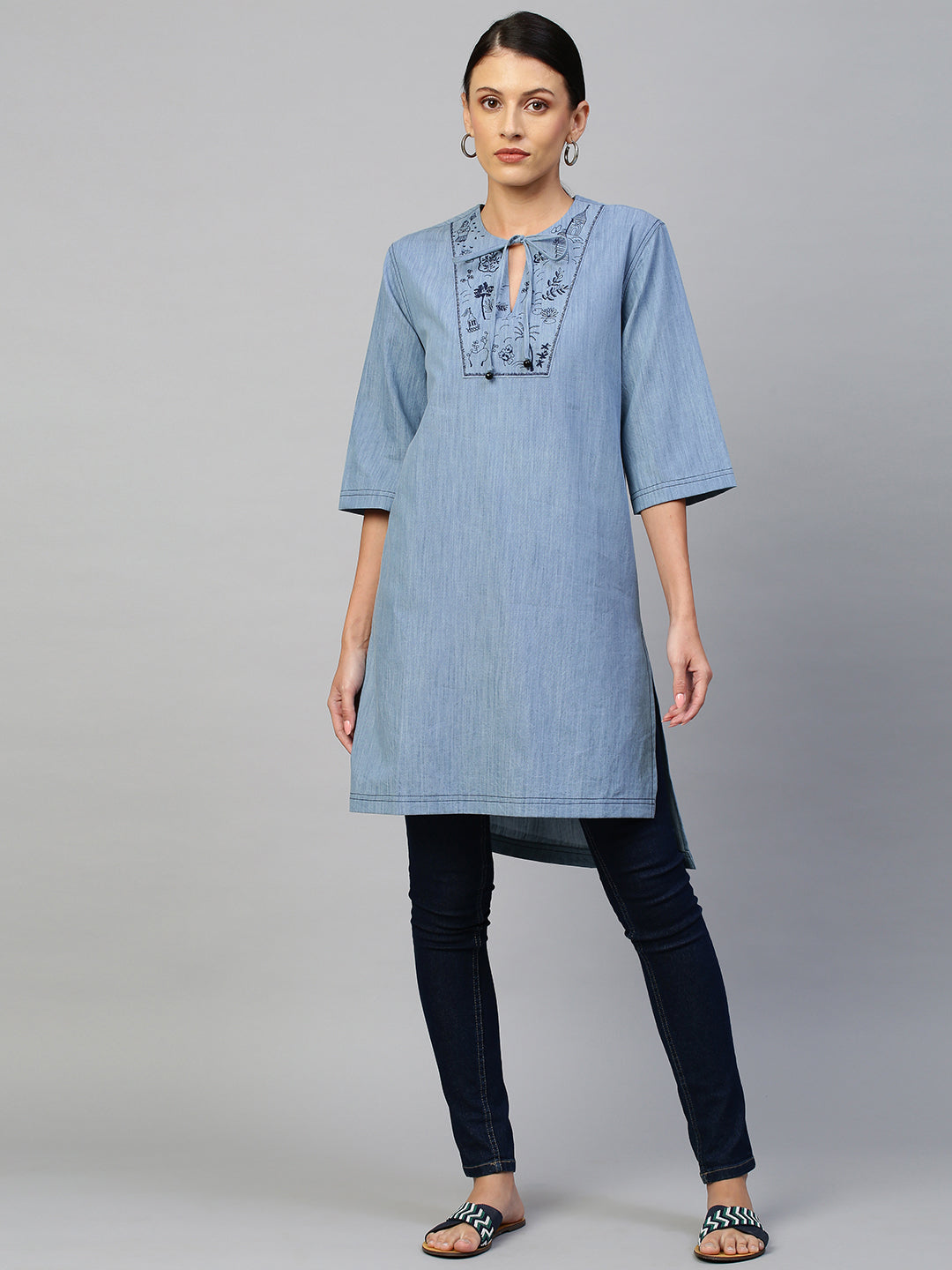 Ice Wash Denim Embriodered Yoke Kurta