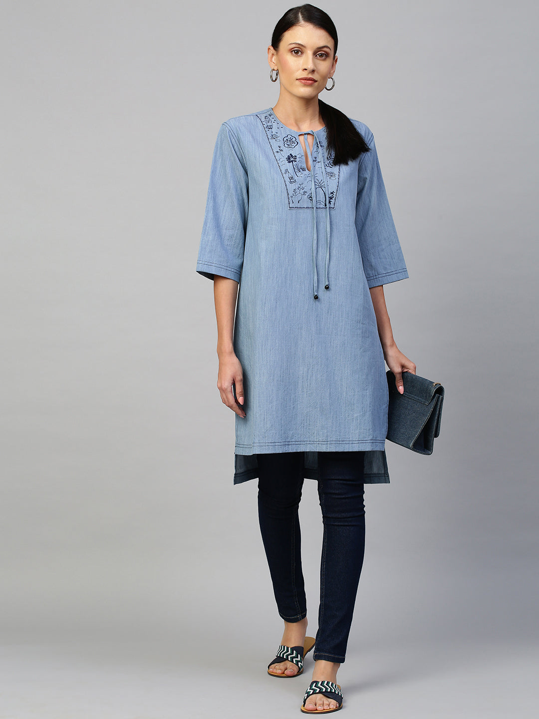 Ice Wash Denim Embriodered Yoke Kurta