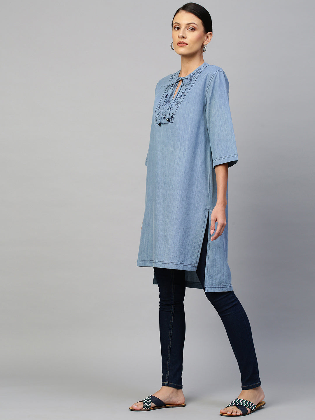 Ice Wash Denim Embriodered Yoke Kurta