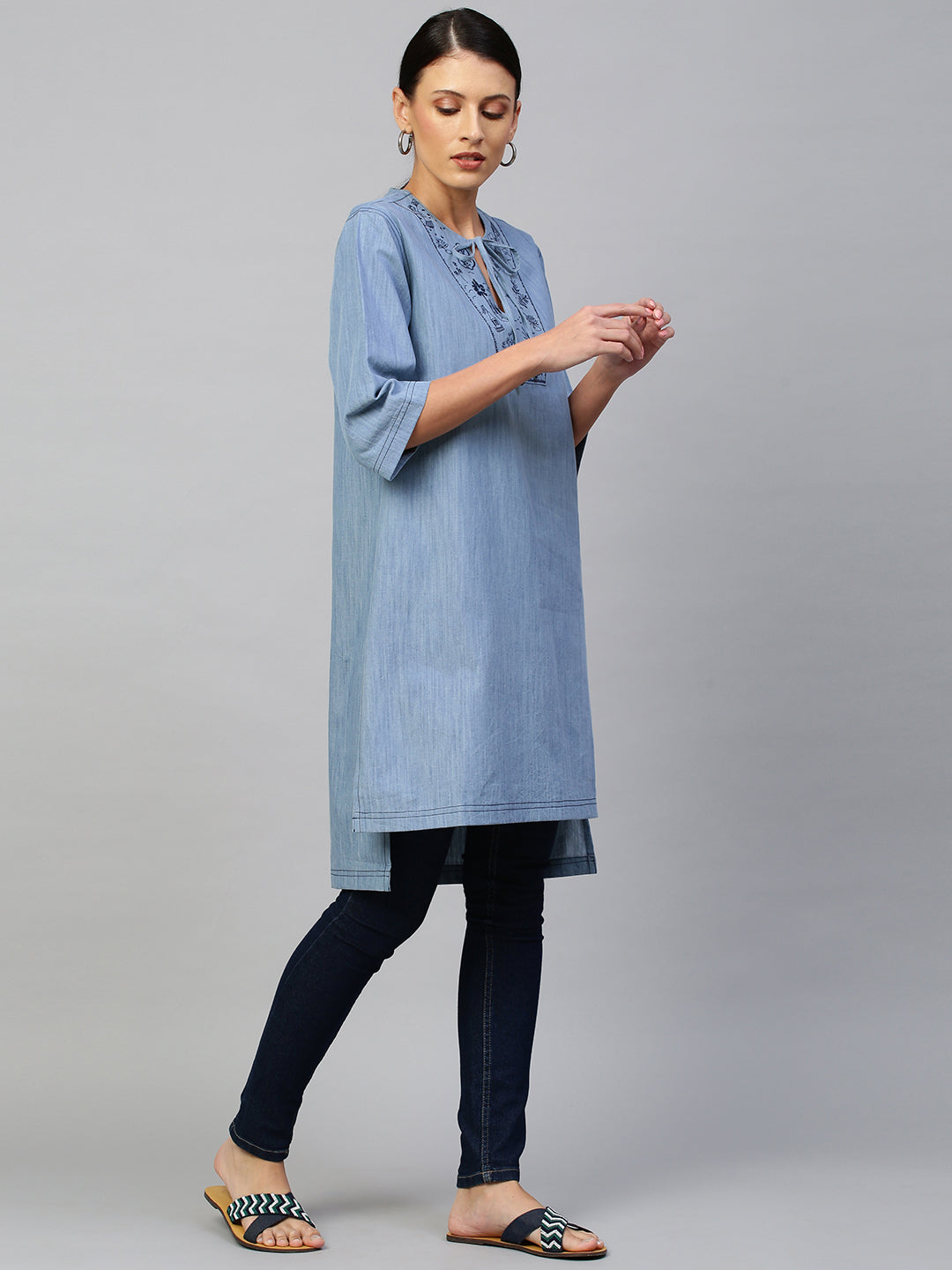 Ice Wash Denim Embriodered Yoke Kurta