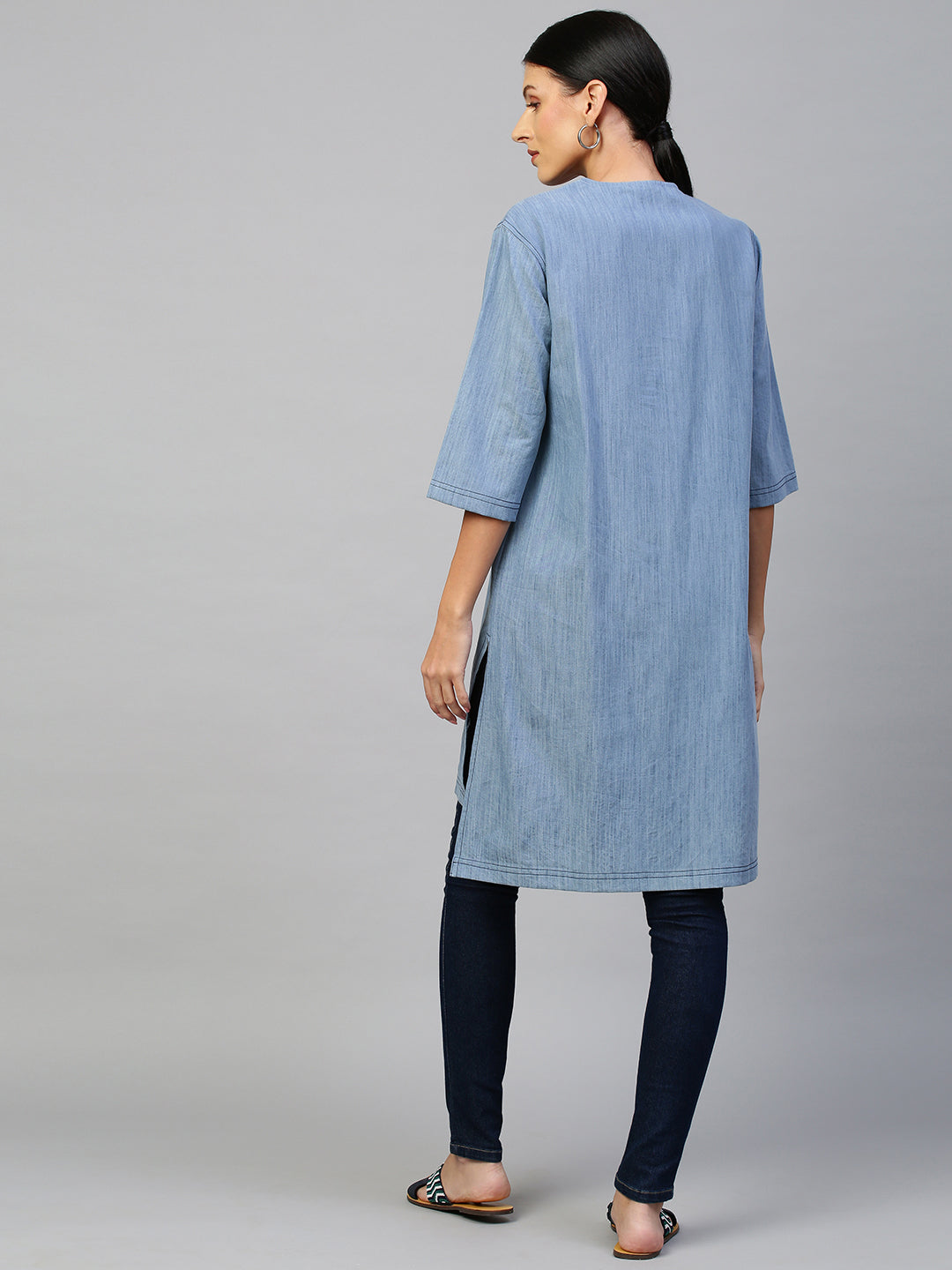 Ice Wash Denim Embriodered Yoke Kurta