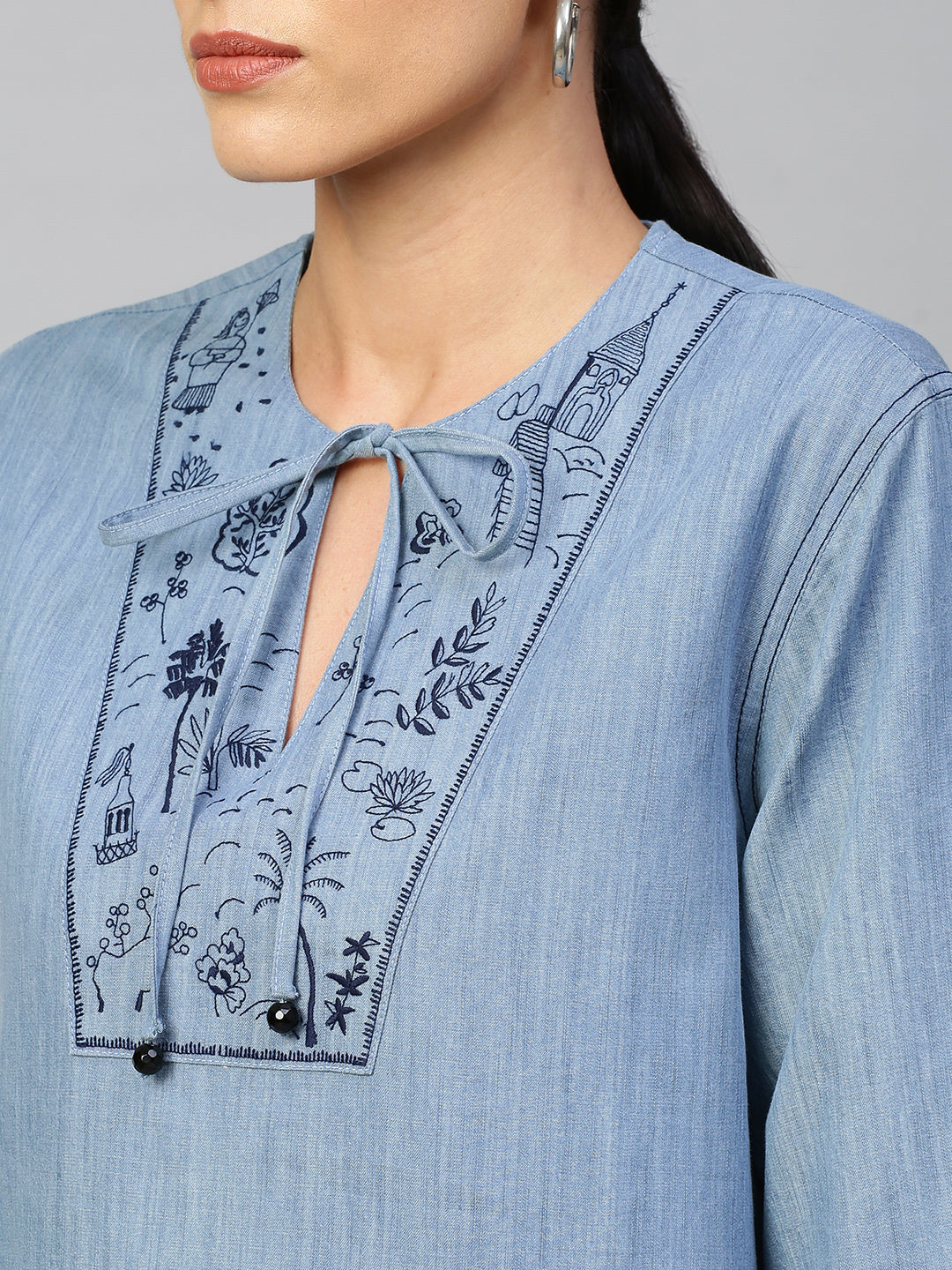 Ice Wash Denim Embriodered Yoke Kurta